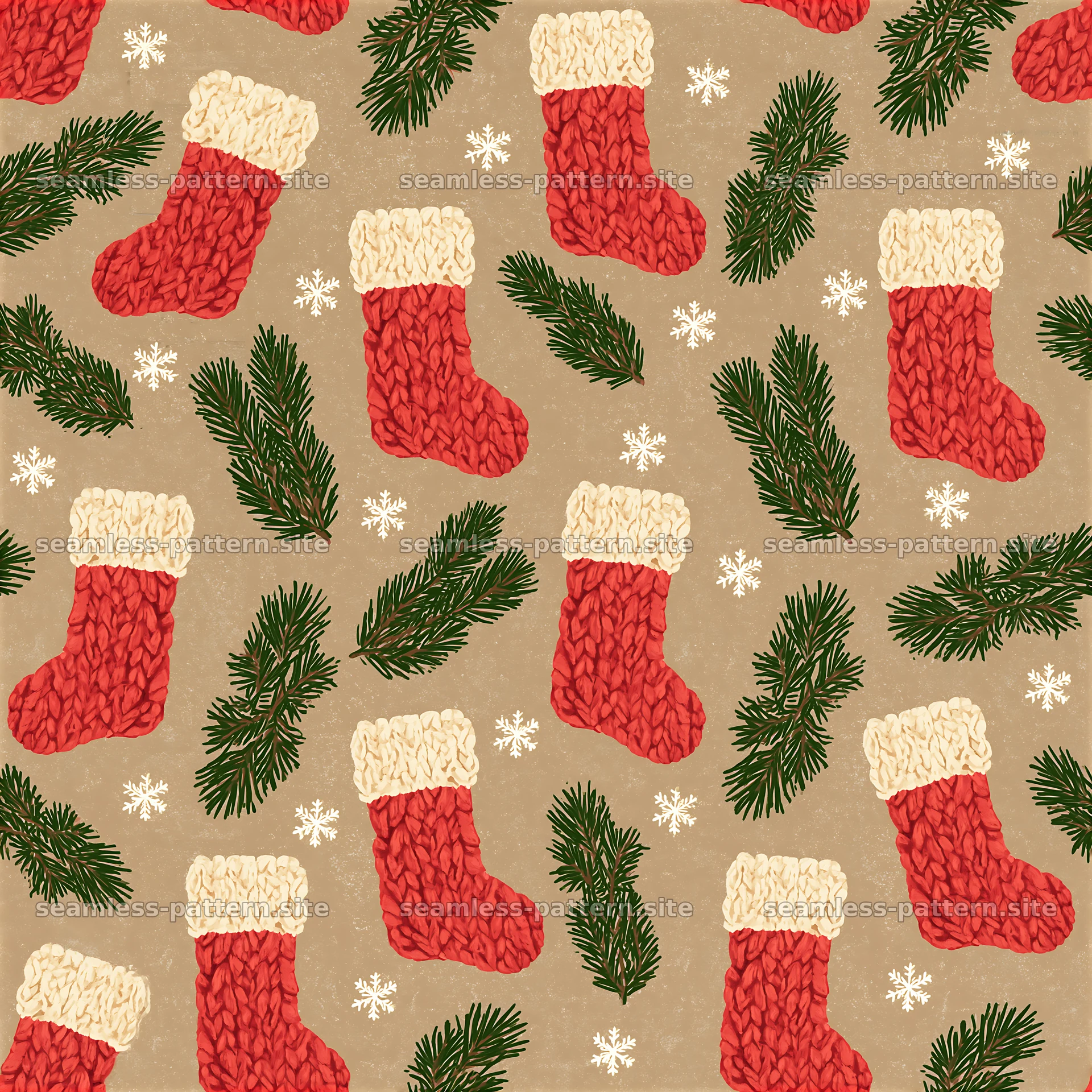 Knitted Christmas stockings with pine branches and snowflakes — seamless tileable pattern at 8192x8192