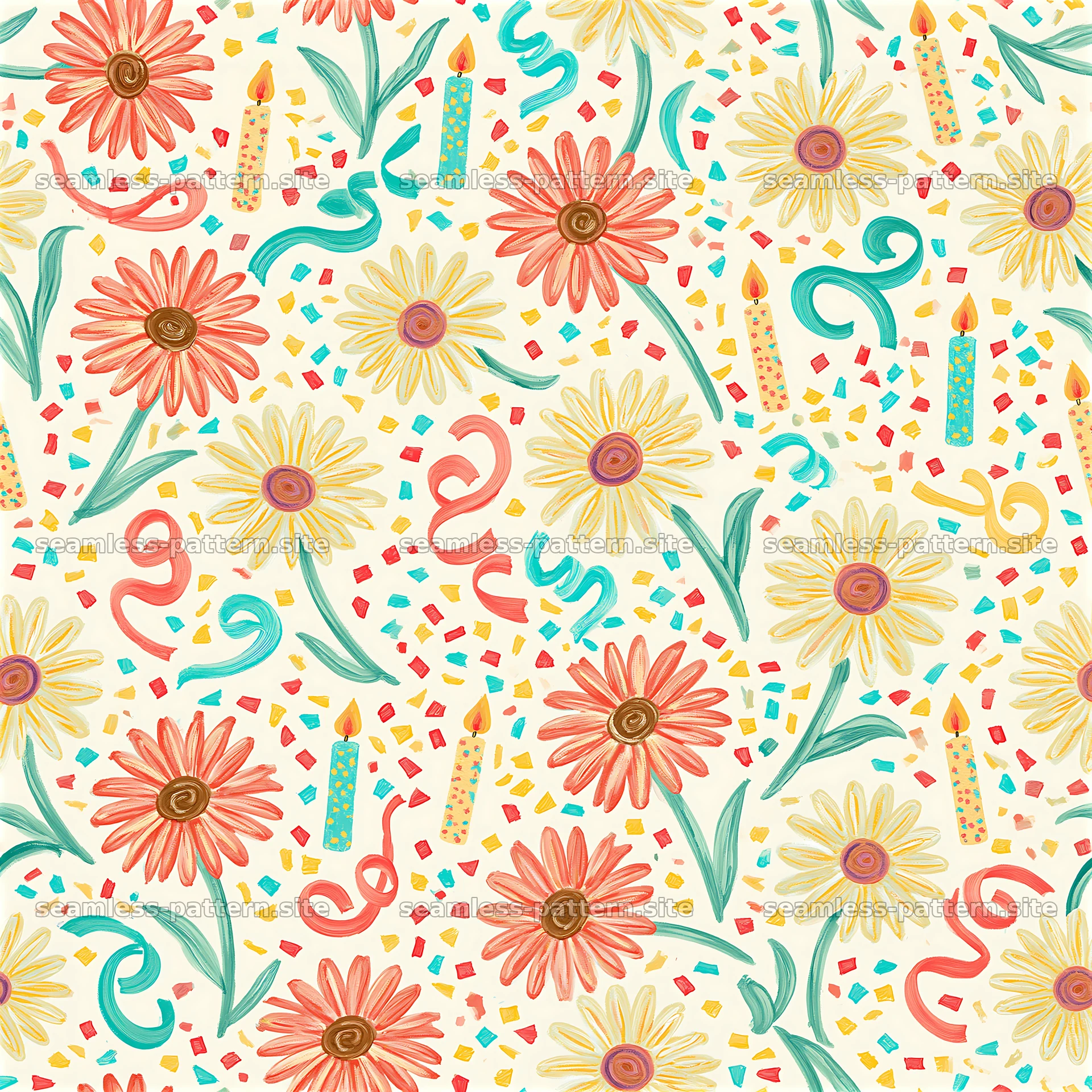Birthday floral repeat pattern featuring colorful flowers and shapes — seamless tileable pattern at 8192x8192