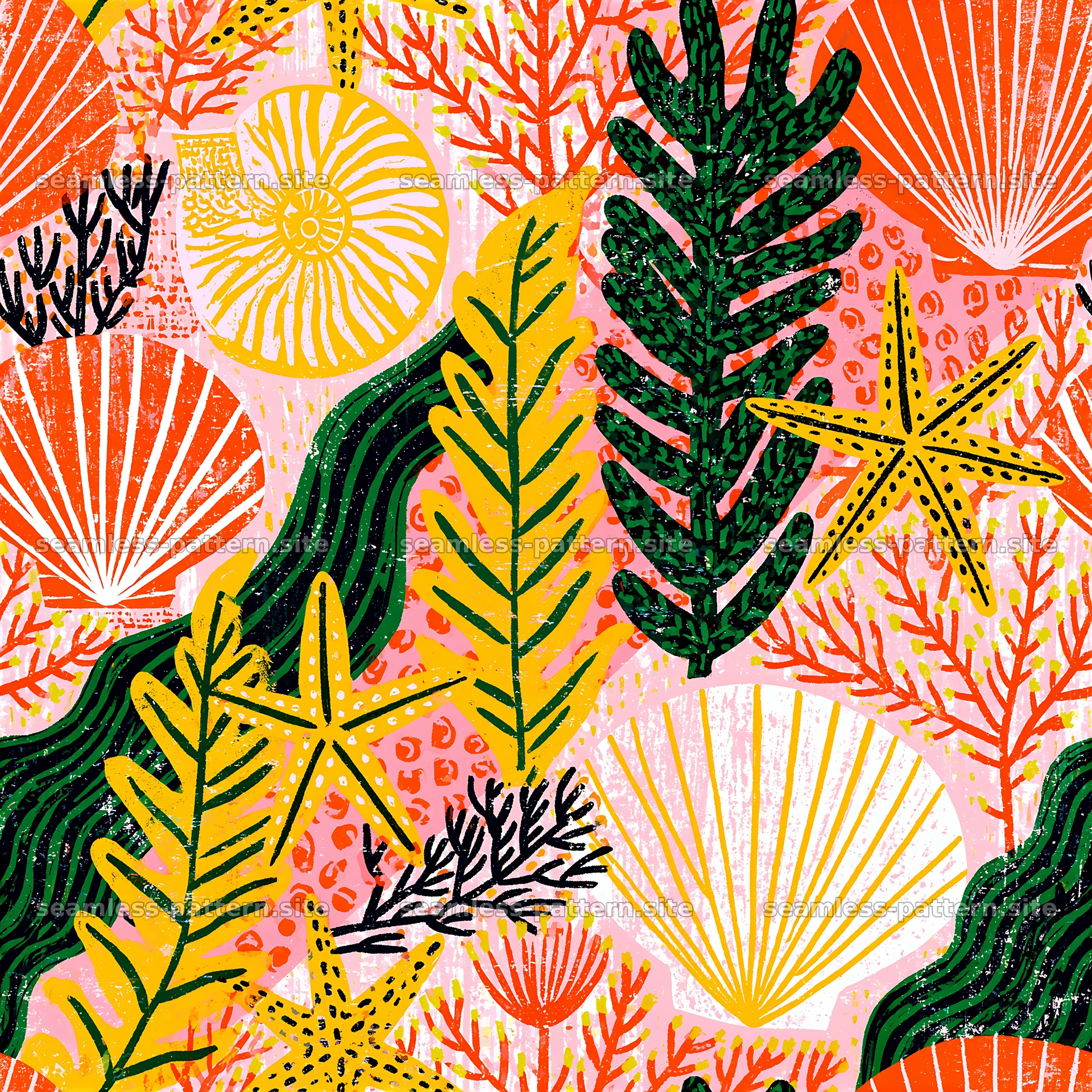 Bright and fun seamless pattern with shells, leaves, and corals — seamless tileable pattern at 8192x8192