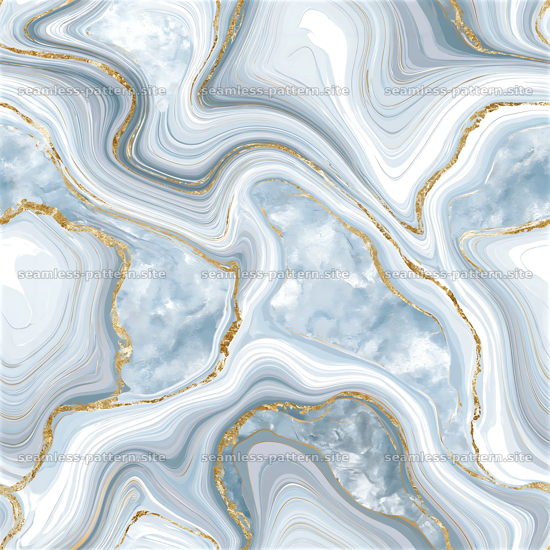 Seamless organic marble pattern with gold veins in light blue and gray — seamless tileable pattern at 8192x8192