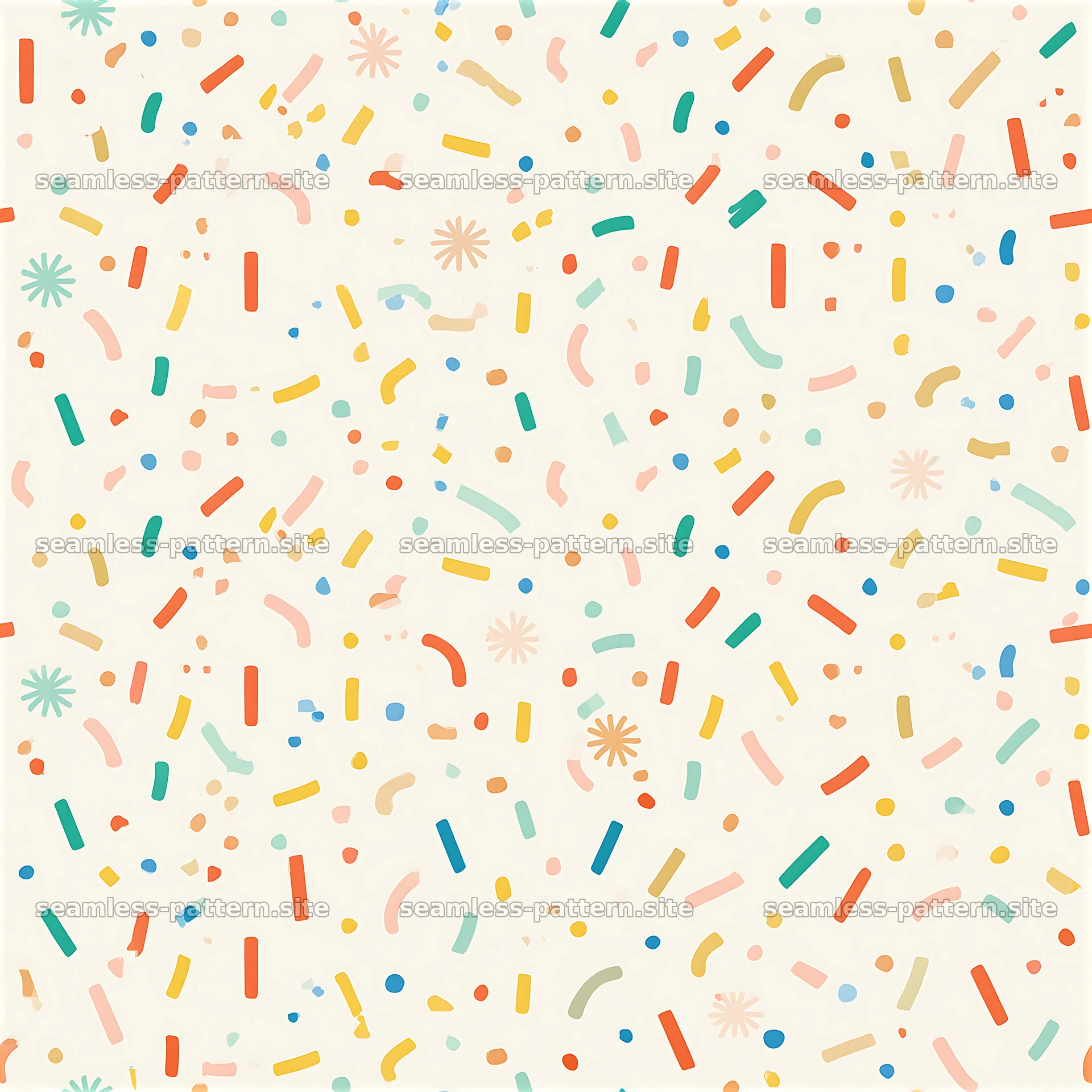 Colorful confetti pattern with playful shapes on a light background — seamless tileable pattern at 8192x8192