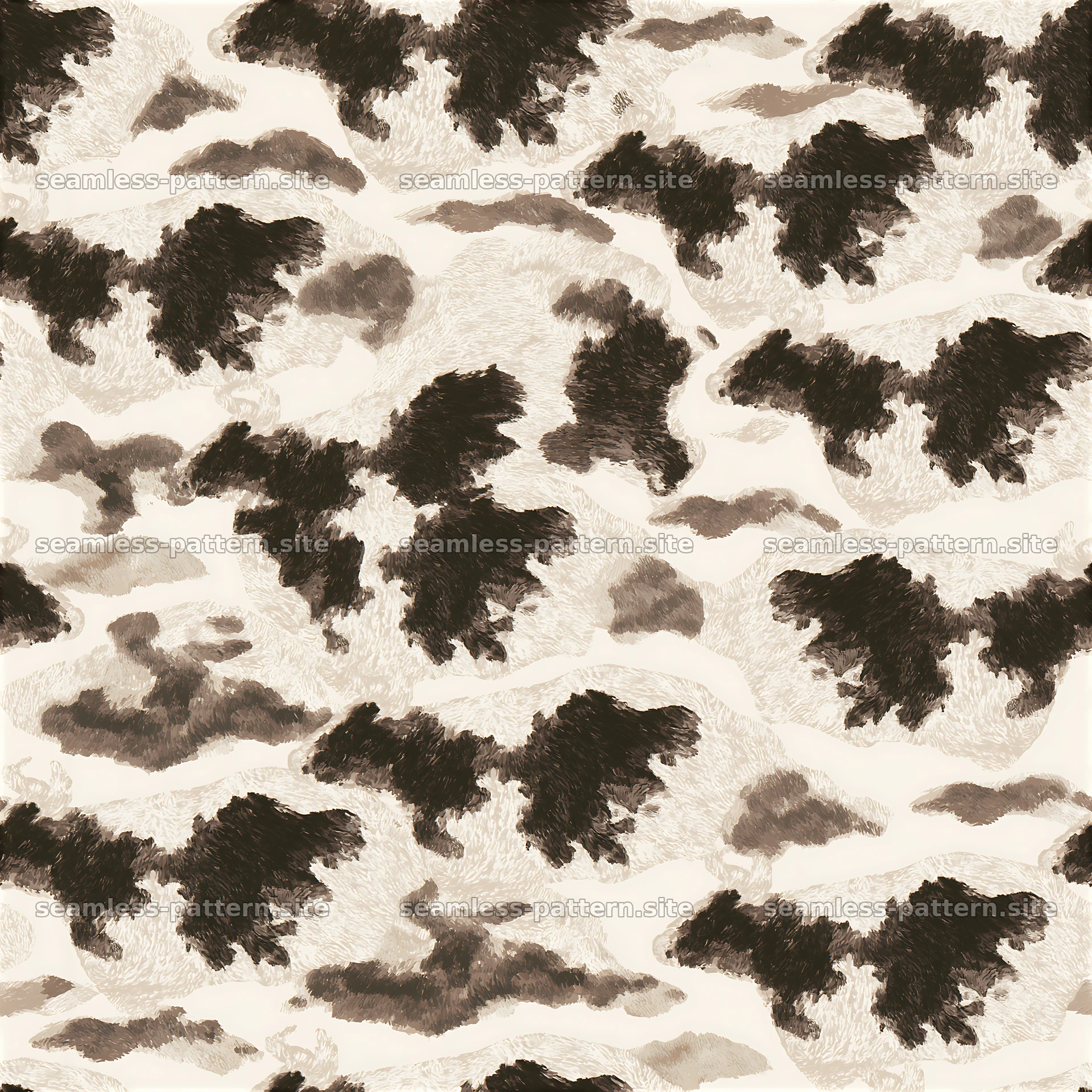 Seamless illustrated cowhide pattern with gray and black spots — seamless tileable pattern at 8192x8192