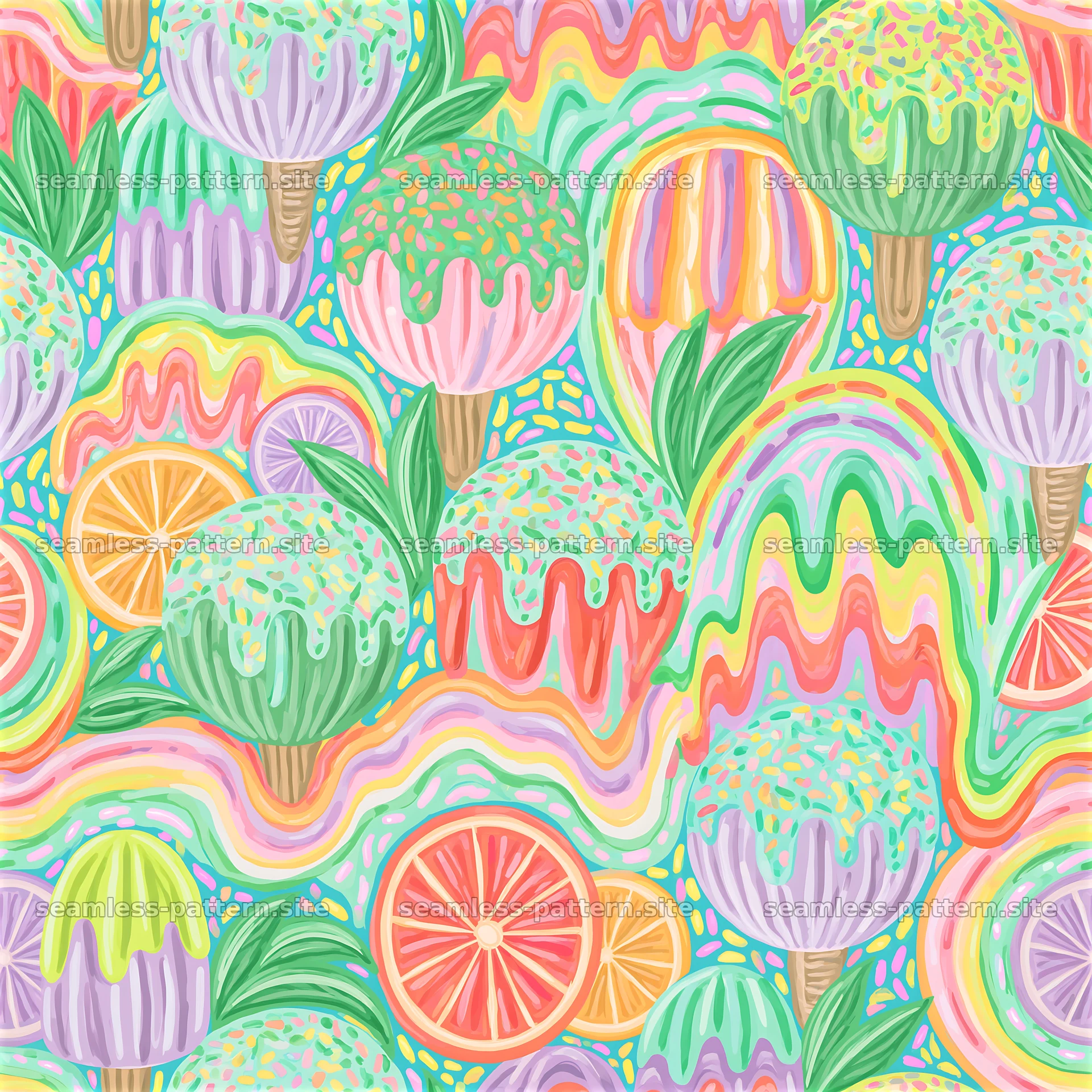 Colorful ice cream and fruit seamless pattern design for decoration — seamless tileable pattern at 8192x8192