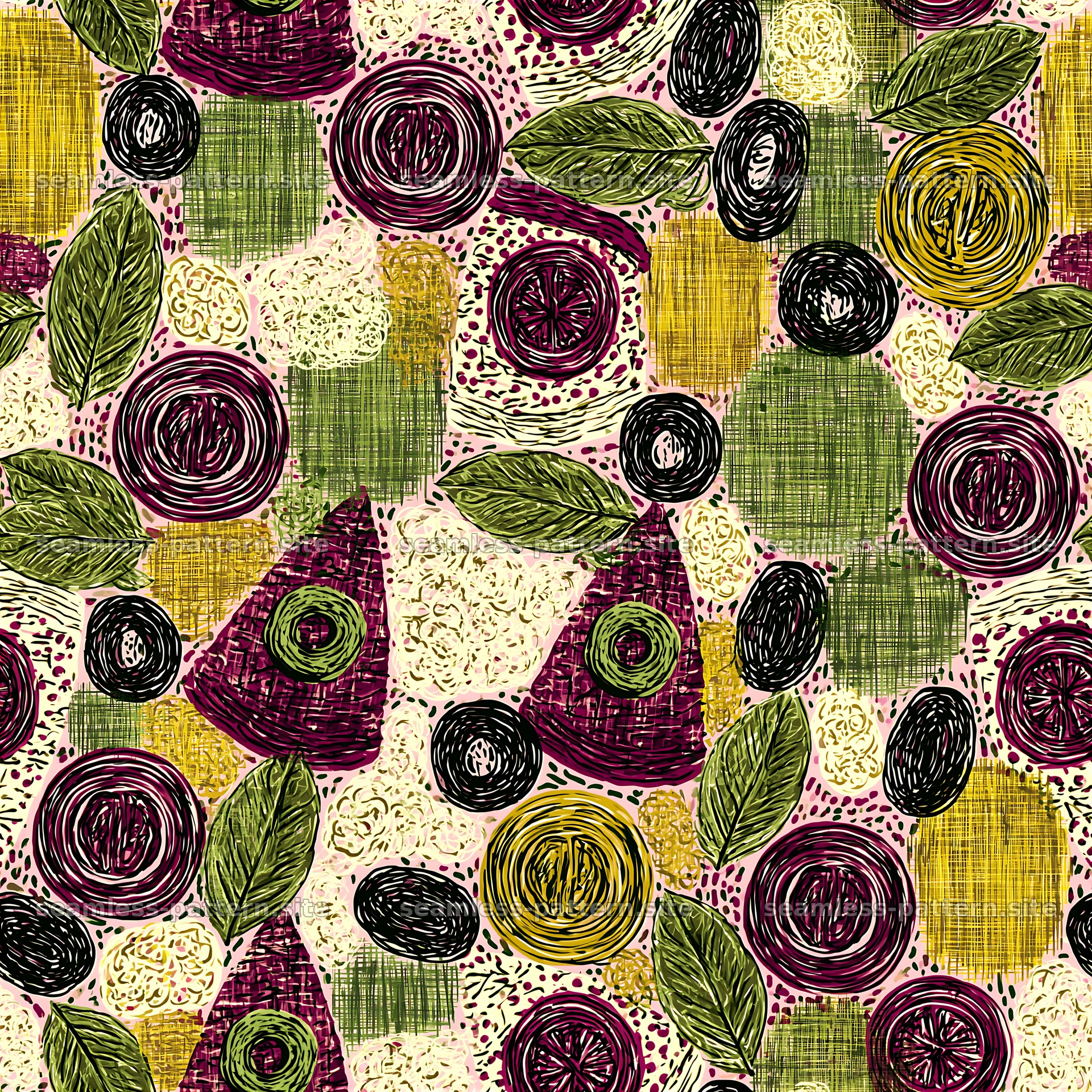 Colorful abstract seamless pattern with various food elements — seamless tileable pattern at 8192x8192