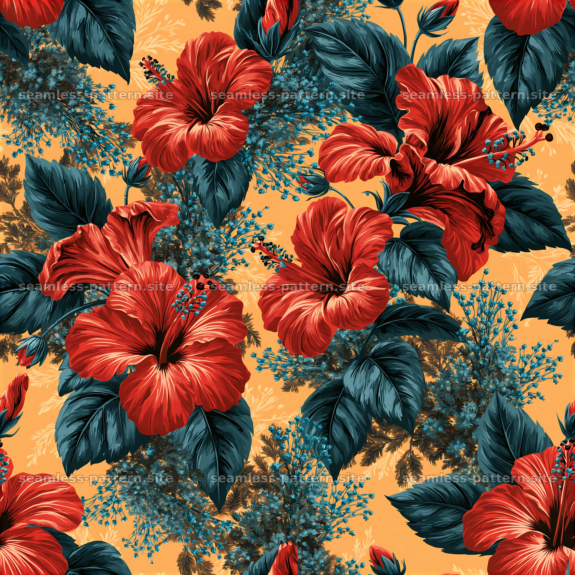 Tropical hibiscus seamless pattern with vibrant flowers and leaves — seamless tileable pattern at 8192x8192