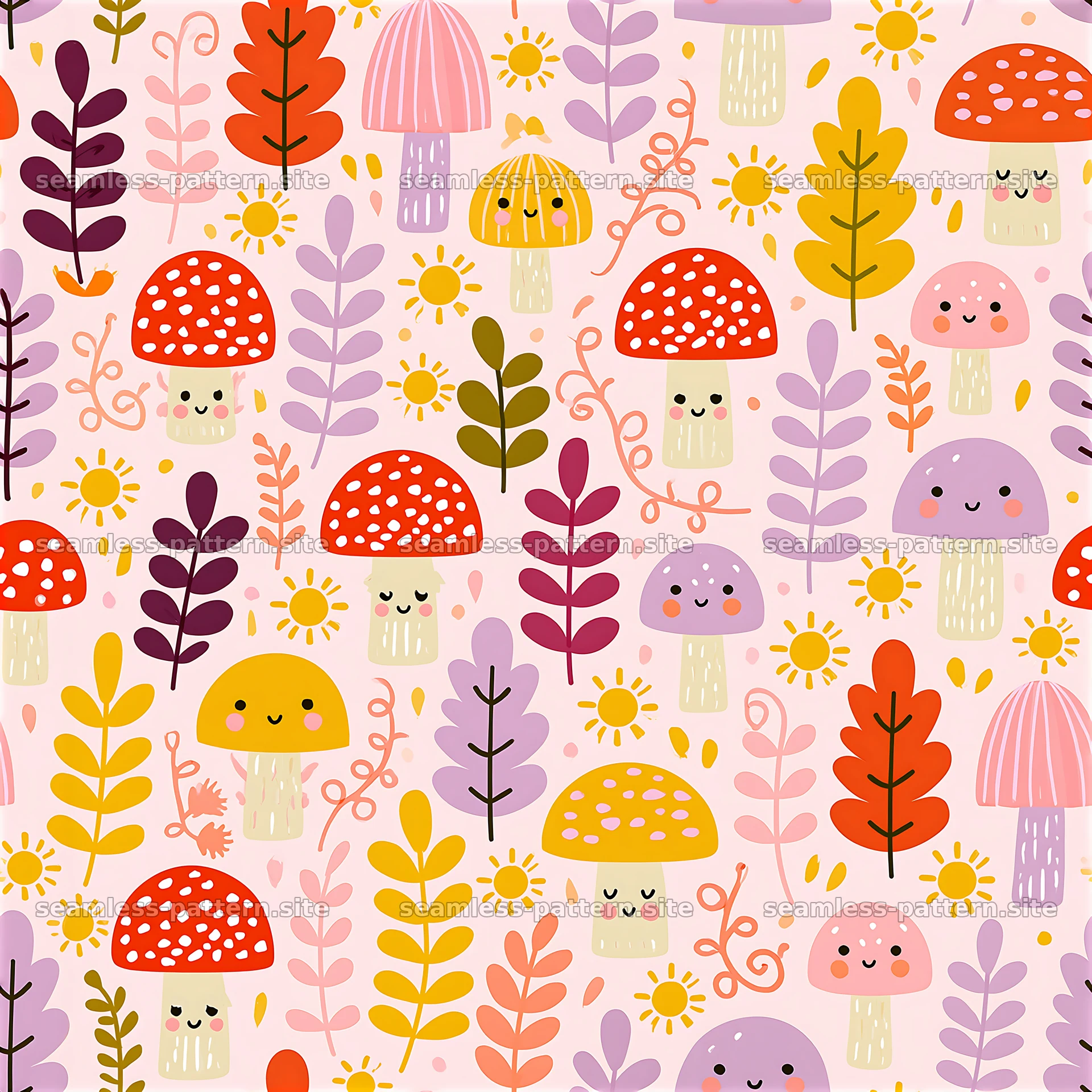 Colorful Boho Mushroom and Botanical Seamless Pattern — seamless tileable pattern at 8192x8192