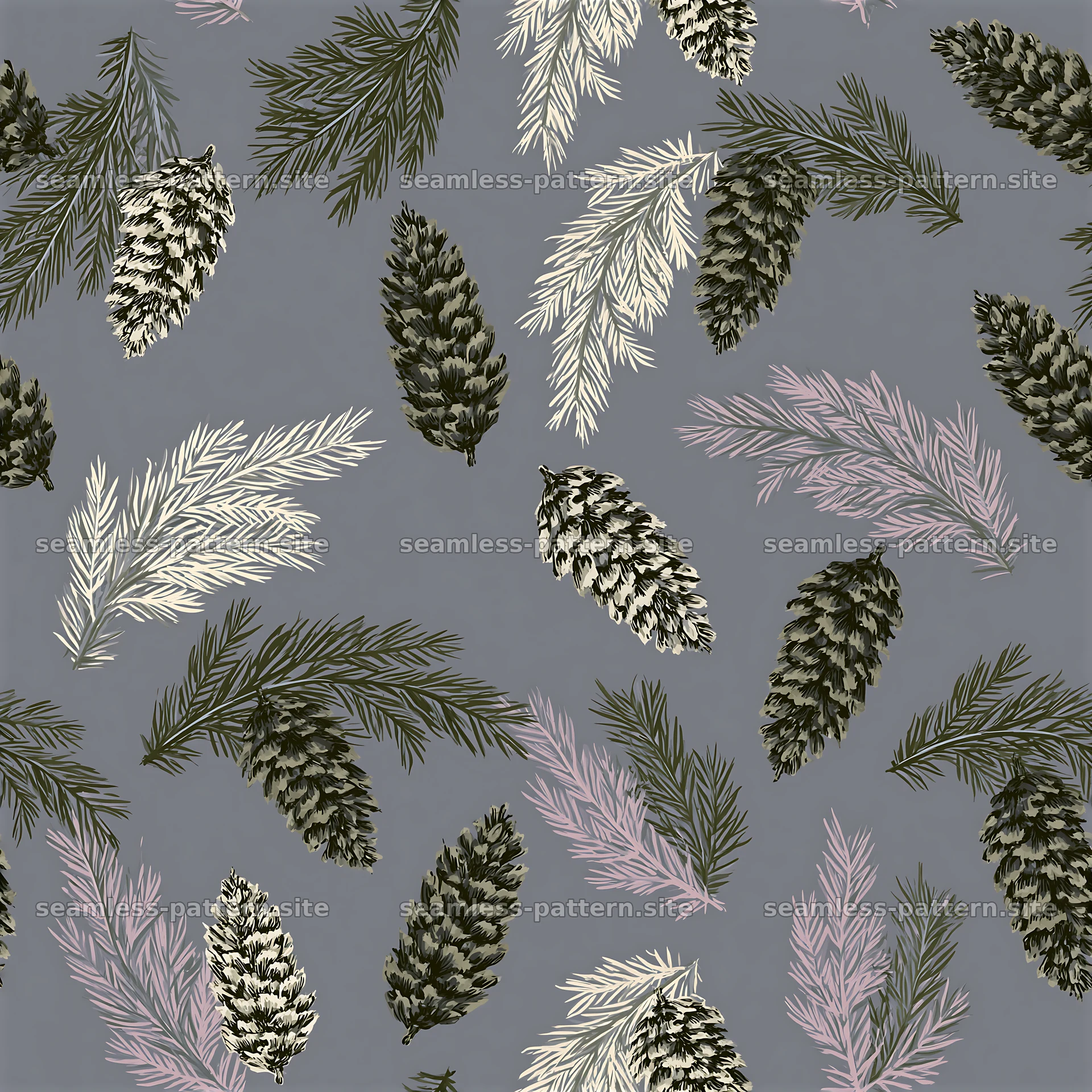 Repeating pinecone pattern with pine leaves on a gray background — seamless tileable pattern at 8192x8192
