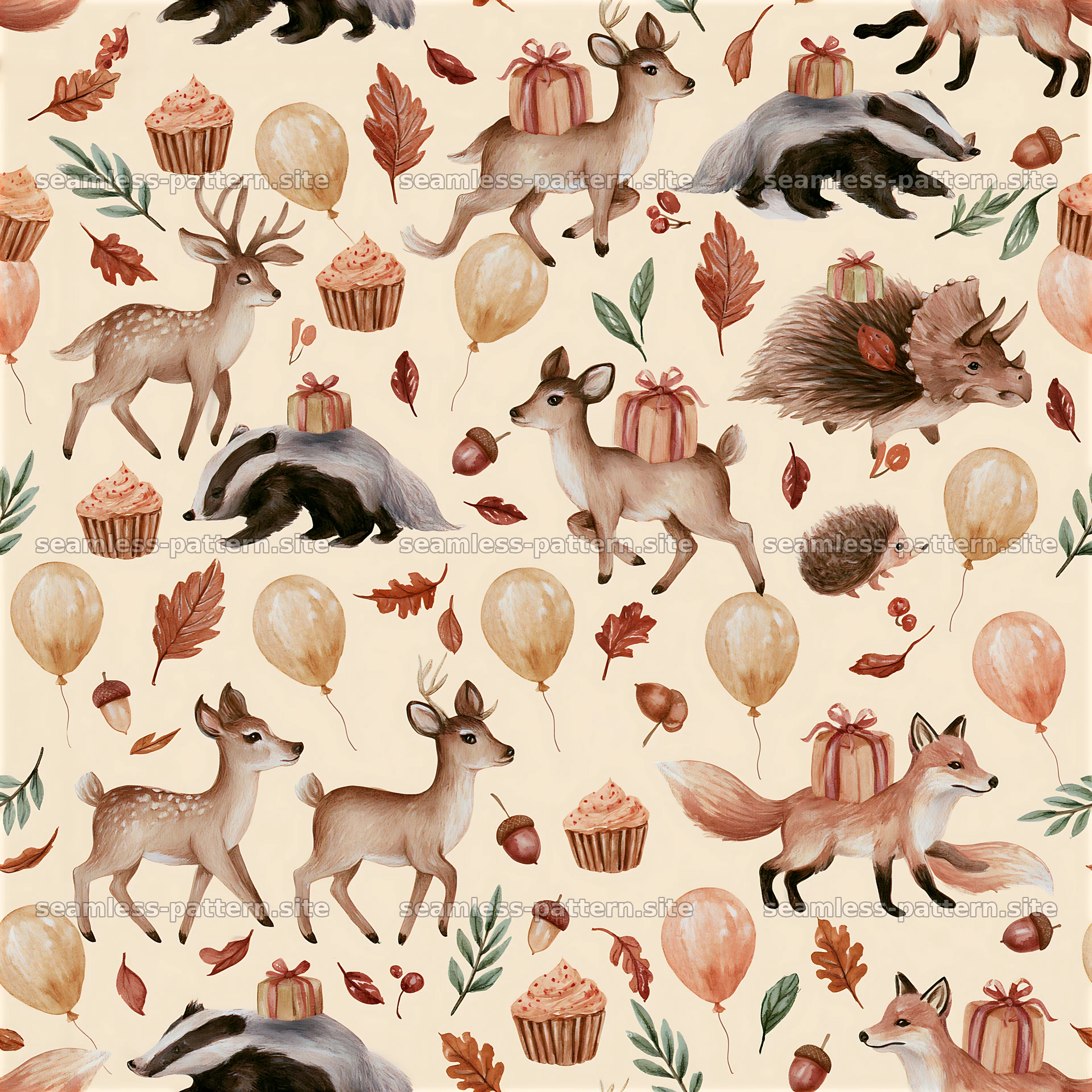 Birthday Woodland Animals Seamless Pattern — seamless tileable pattern at 8192x8192