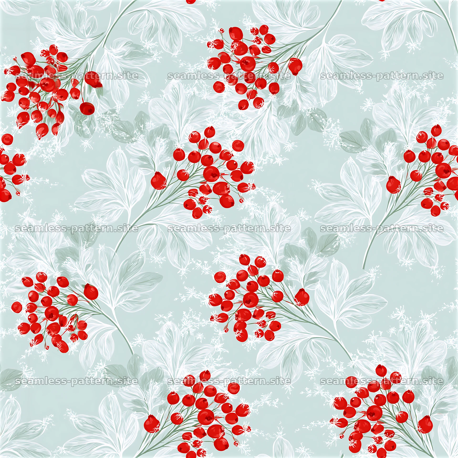 Frosted pattern with red berries and green leaves for design use — seamless tileable pattern at 8192x8192