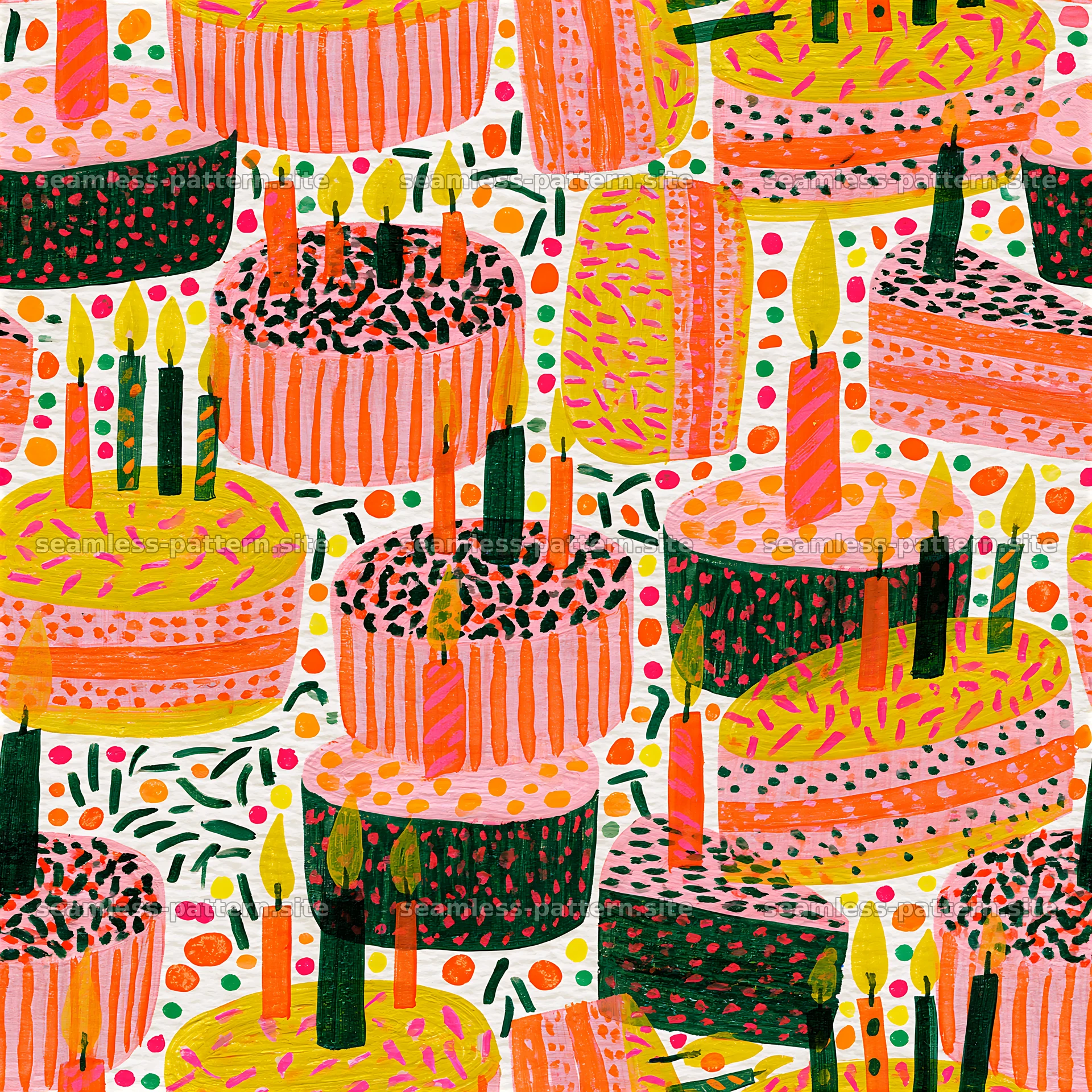 Colorful birthday cake seamless pattern with candles and sprinkles — seamless tileable pattern at 8192x8192