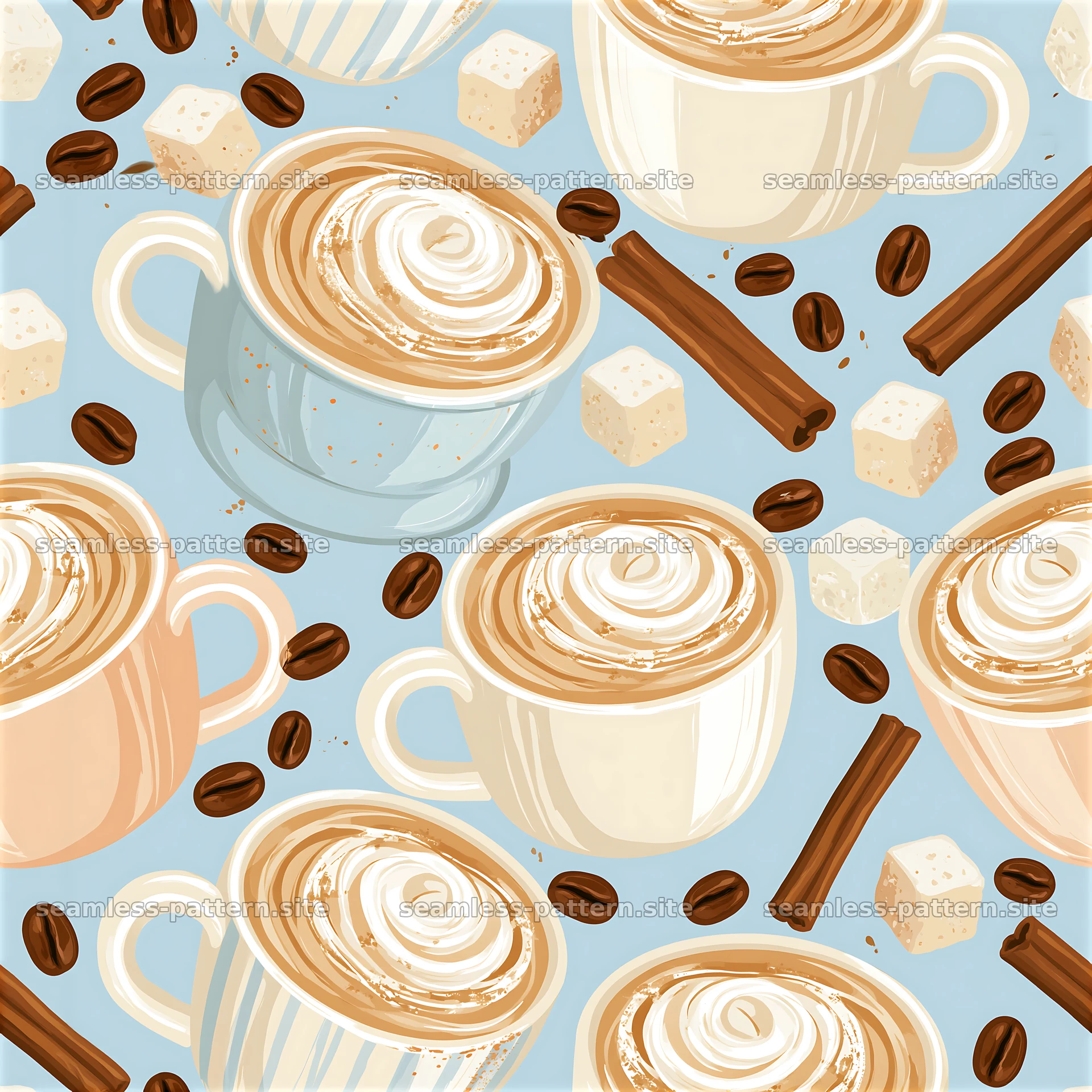 Coffee cups and ingredients in a seamless light blue pattern — seamless tileable pattern at 8192x8192