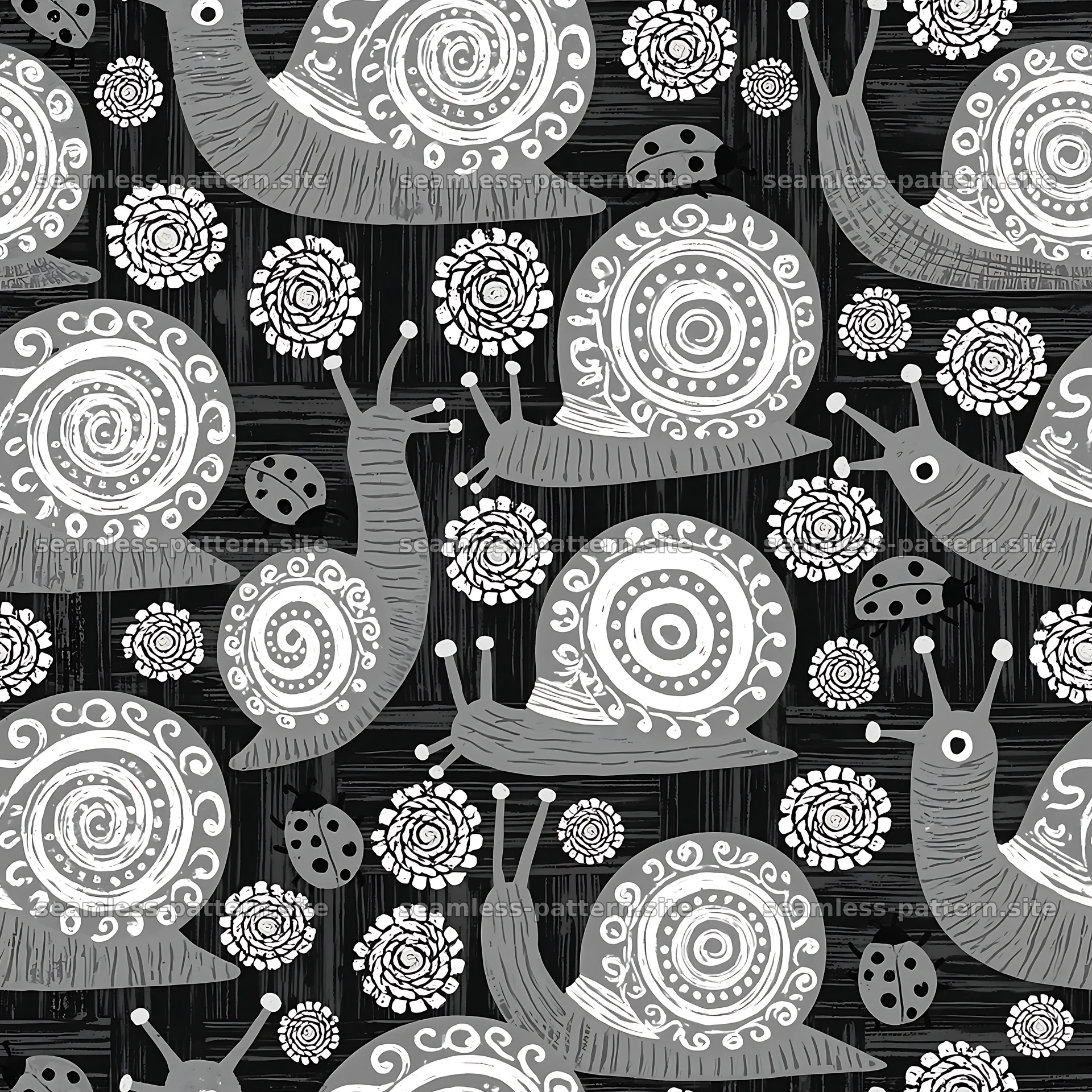 Red snail pattern with ladybugs repeat pattern — seamless tileable pattern