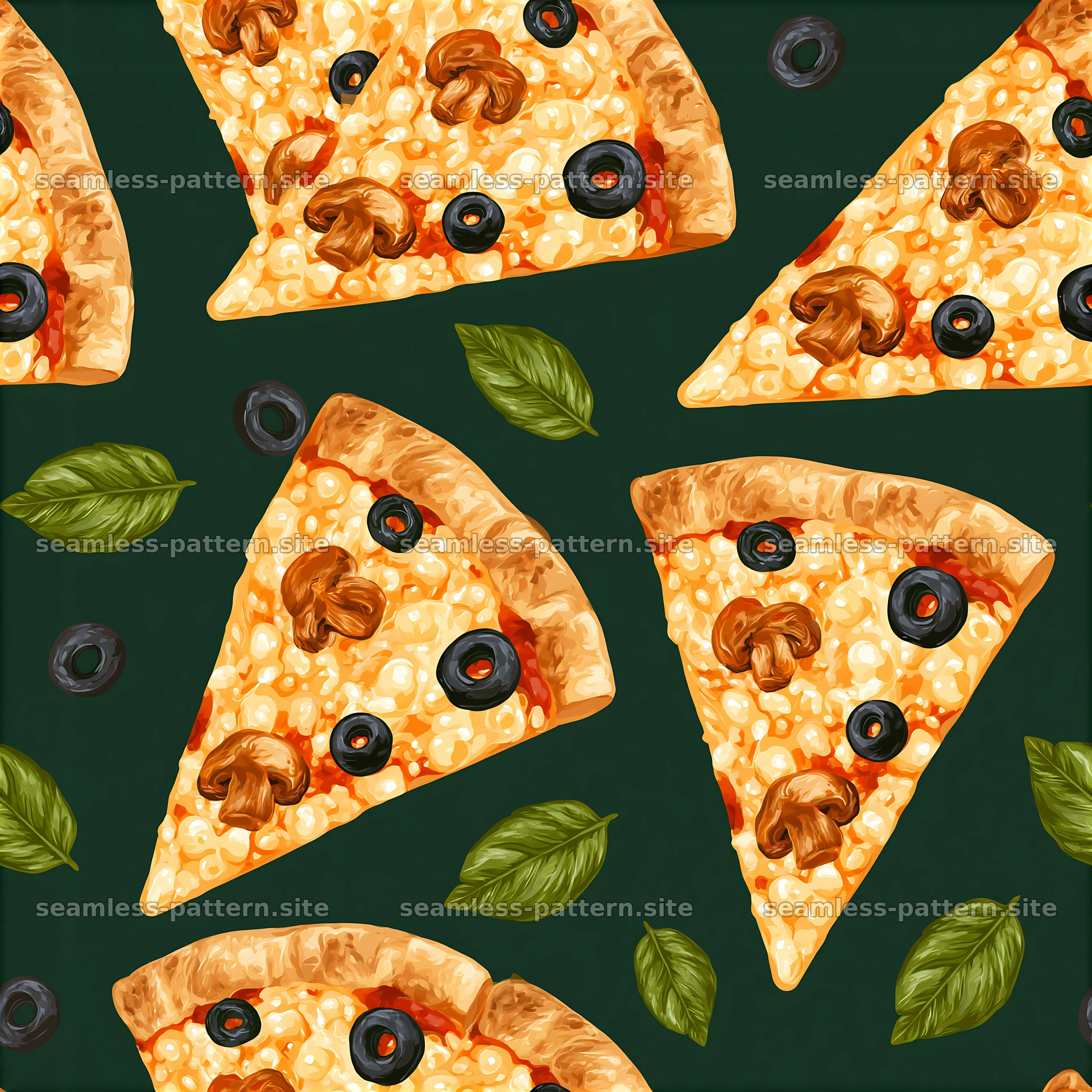 Cheese pizza slices with olives and leaves on dark background — seamless tileable pattern at 8192x8192