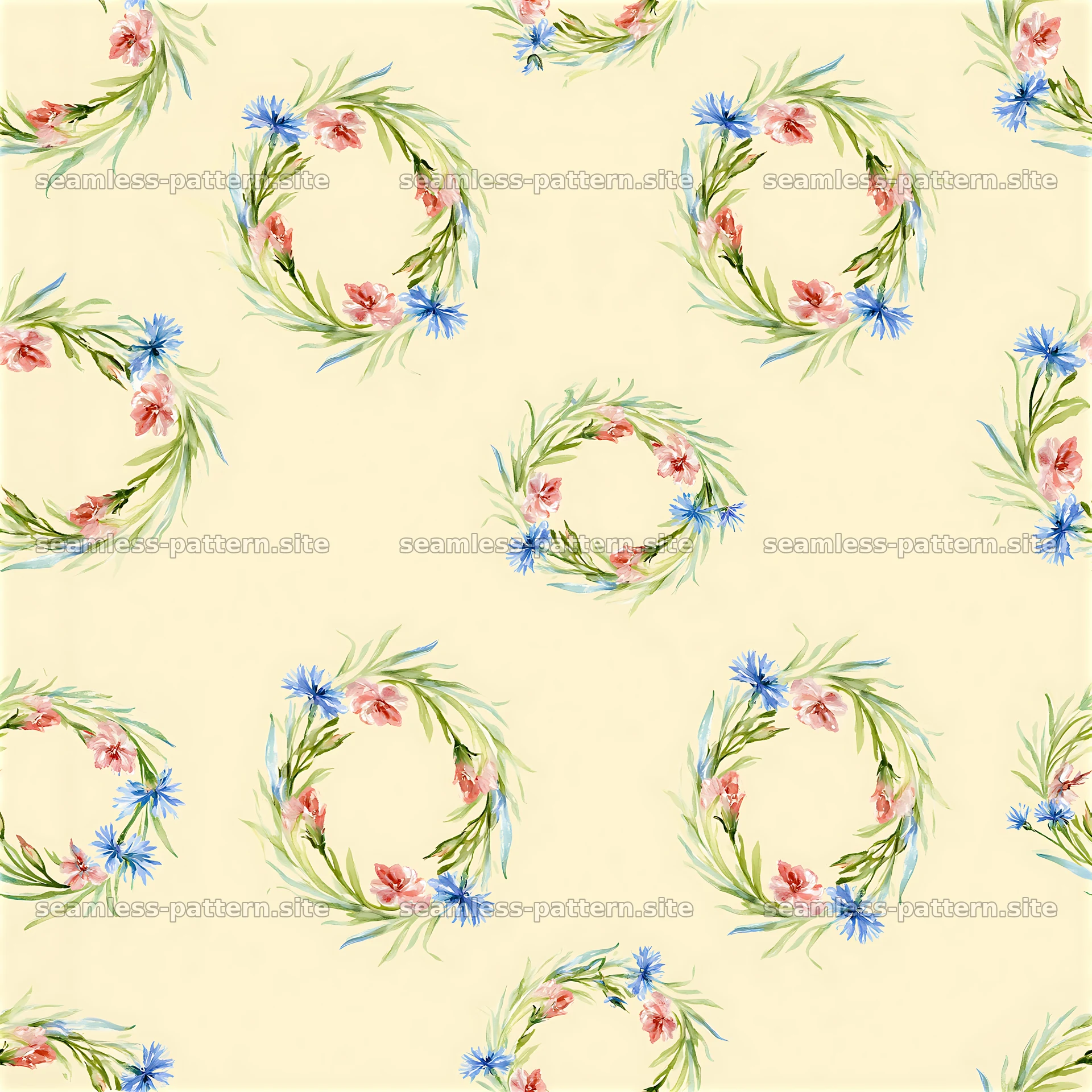 Repeat watercolor floral wreath pattern in soft colors with greenery — seamless tileable pattern at 8192x8192