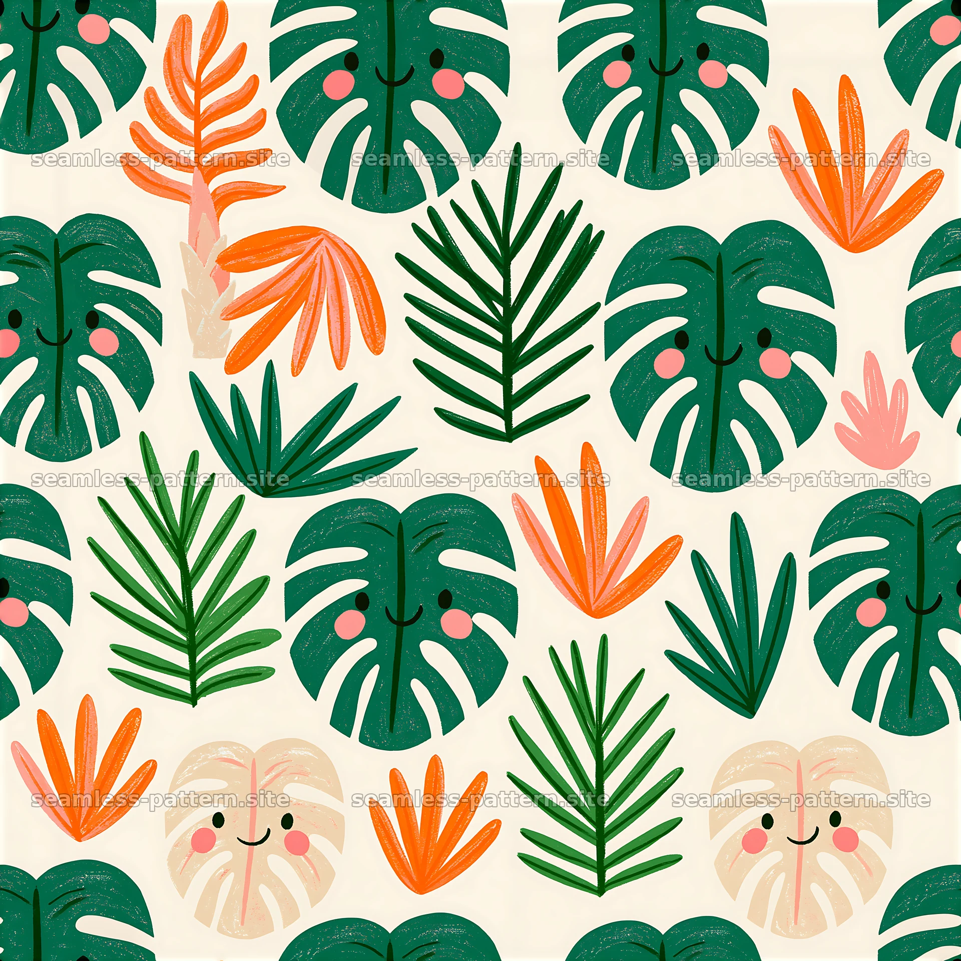 Cute tropical foliage seamless pattern with smiling leaves — seamless tileable pattern at 8192x8192