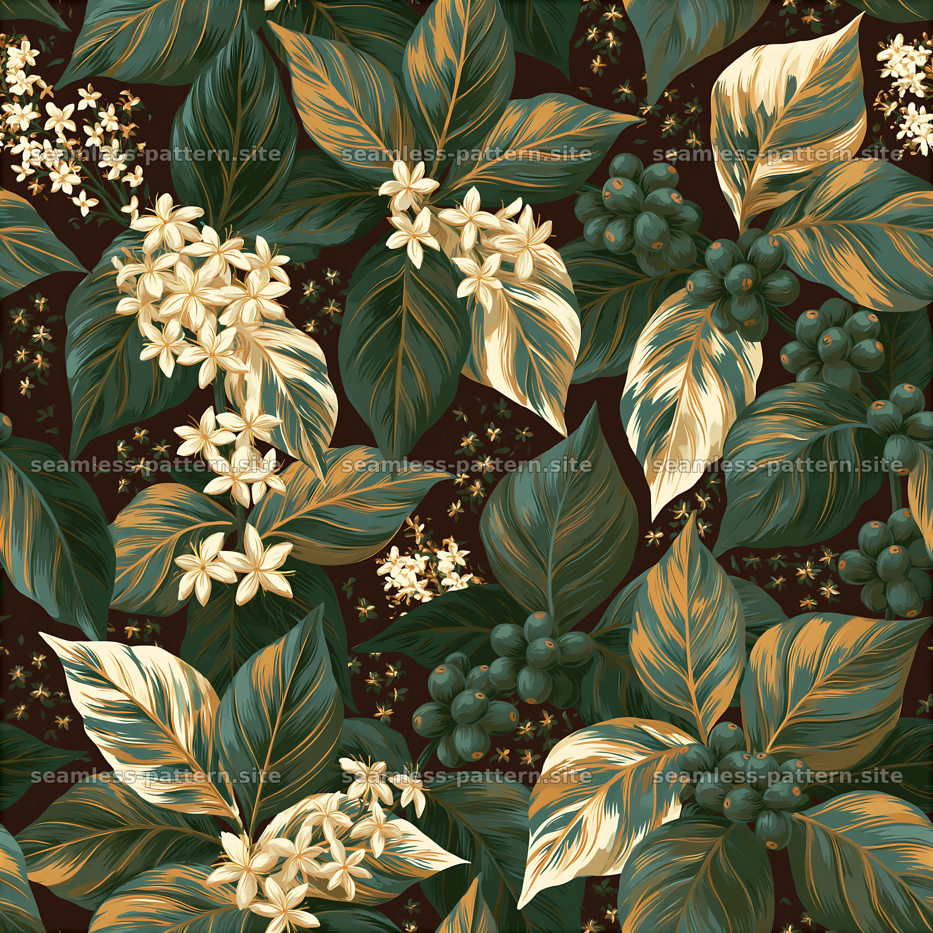 Coffee leaves and flowers in dark tones create a seamless design — seamless tileable pattern at 8192x8192