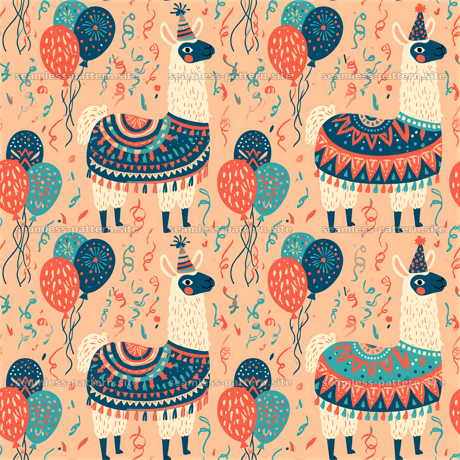 Birthday llamas seamless pattern with balloons and confetti — seamless tileable pattern at 8192x8192