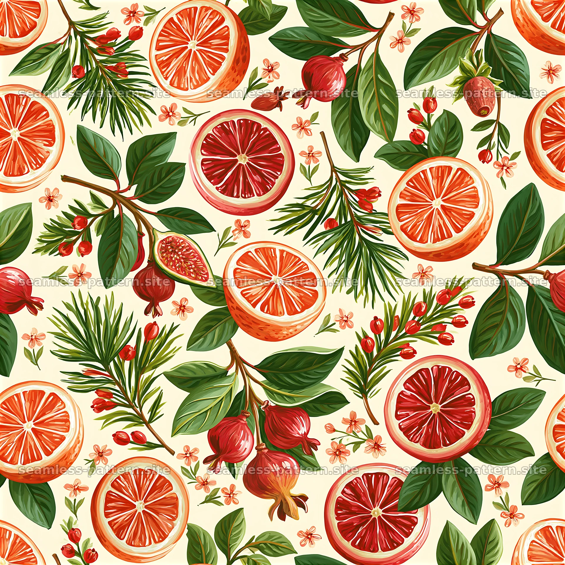 Colorful hand painted citrus and pomegranate seamless pattern — seamless tileable pattern at 8192x8192