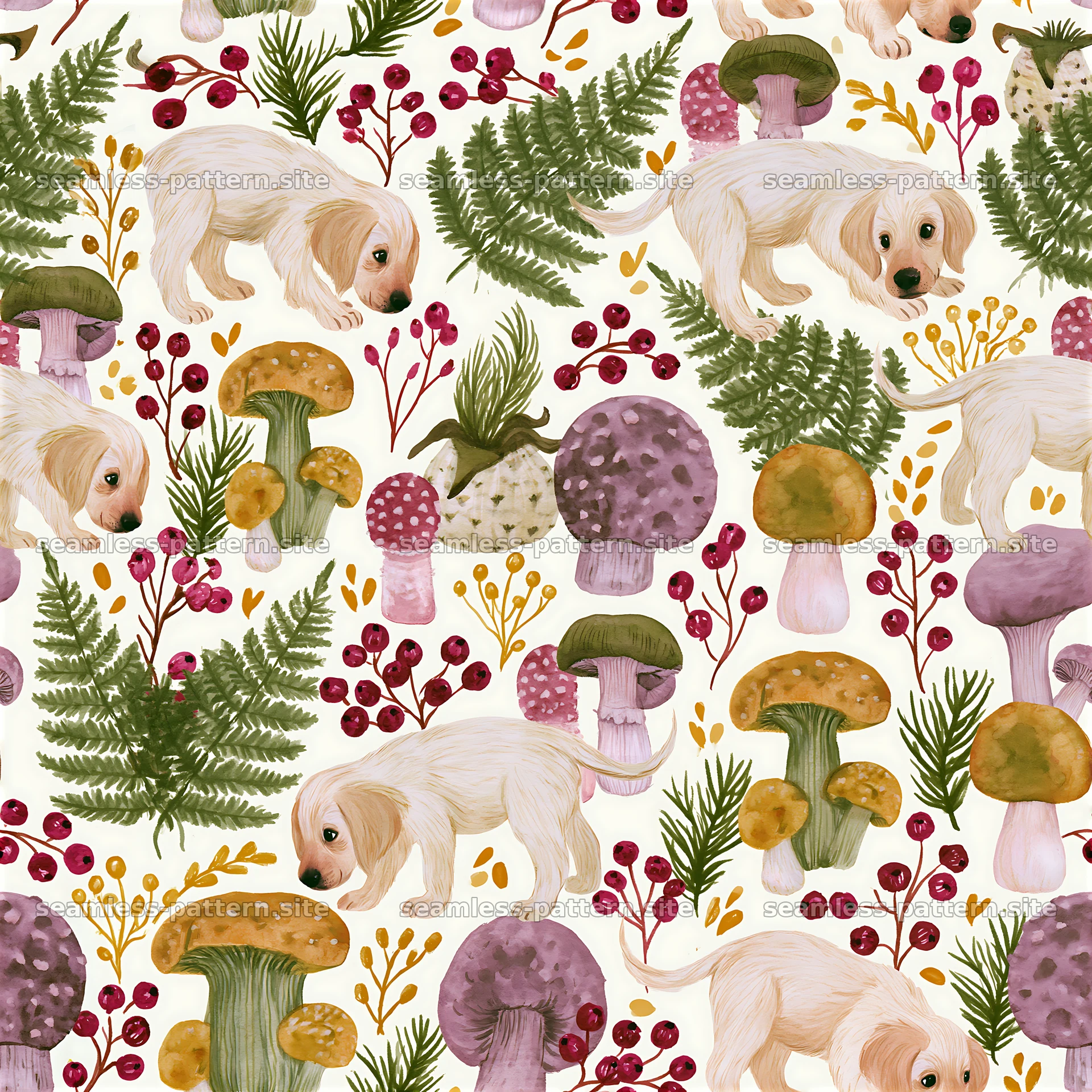 Playful puppies with mushrooms and plants in a seamless pattern — seamless tileable pattern at 8192x8192