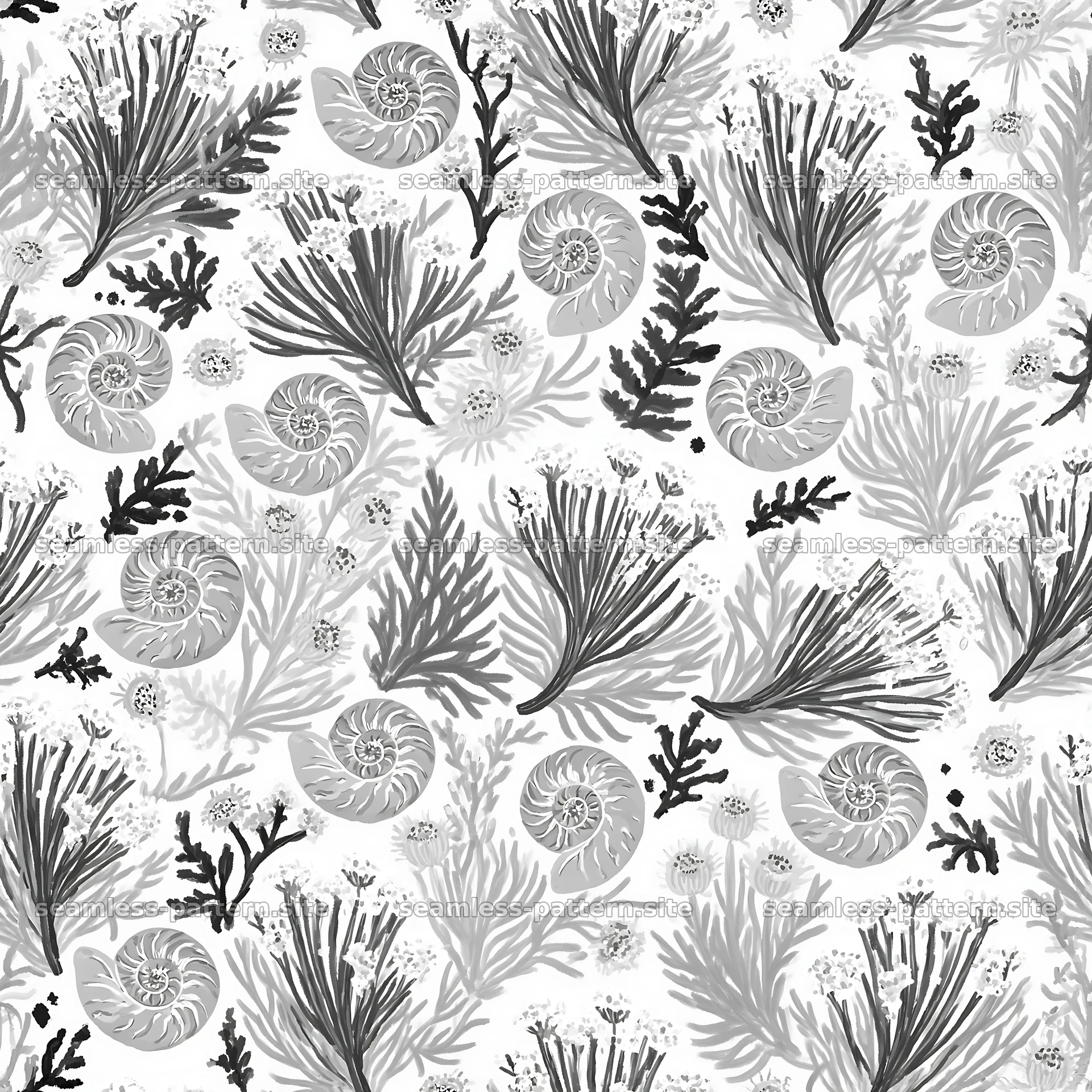 Seamless pattern of spiral shells and moss in black and white — seamless tileable pattern