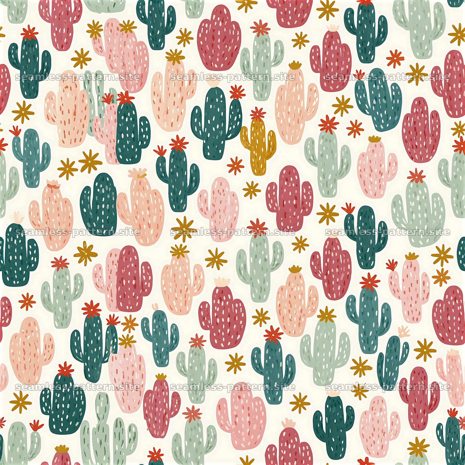 Colorful cactus seamless pattern with flowers — seamless tileable pattern at 8192x8192