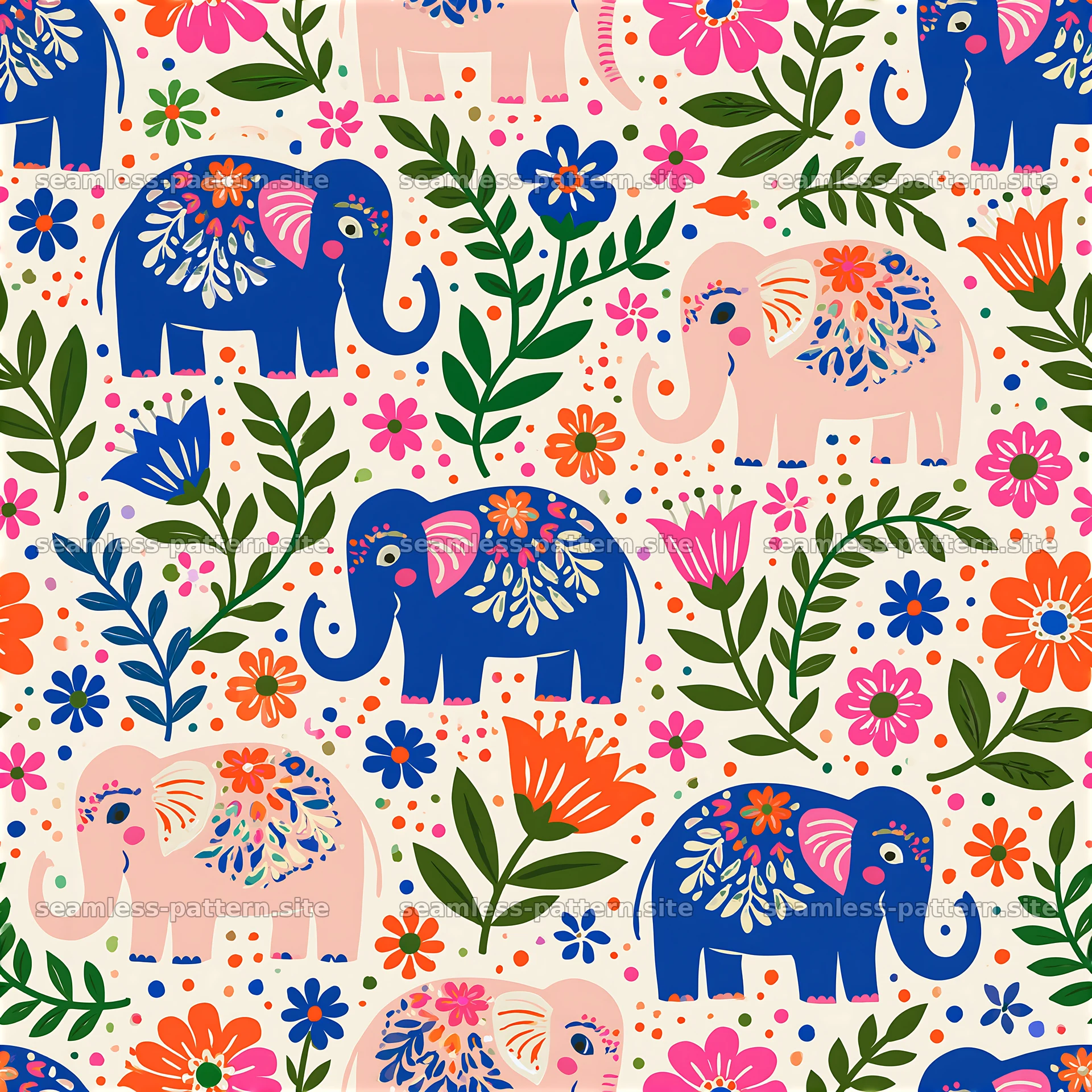 Colorful elephants and flowers in a playful seamless pattern — seamless tileable pattern at 8192x8192