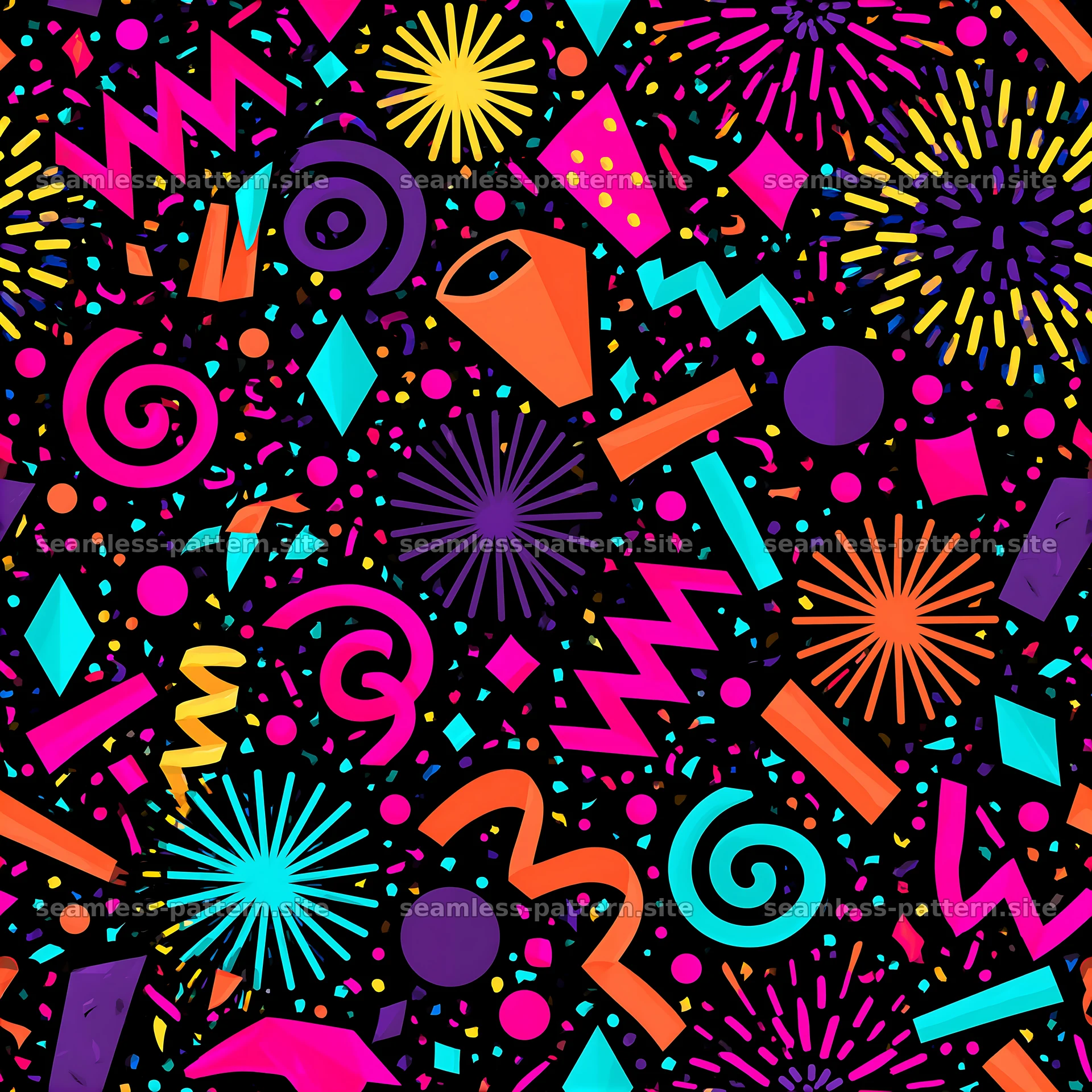 Colorful geometric shapes on dark background seamless pattern — seamless tileable pattern at 8192x8192