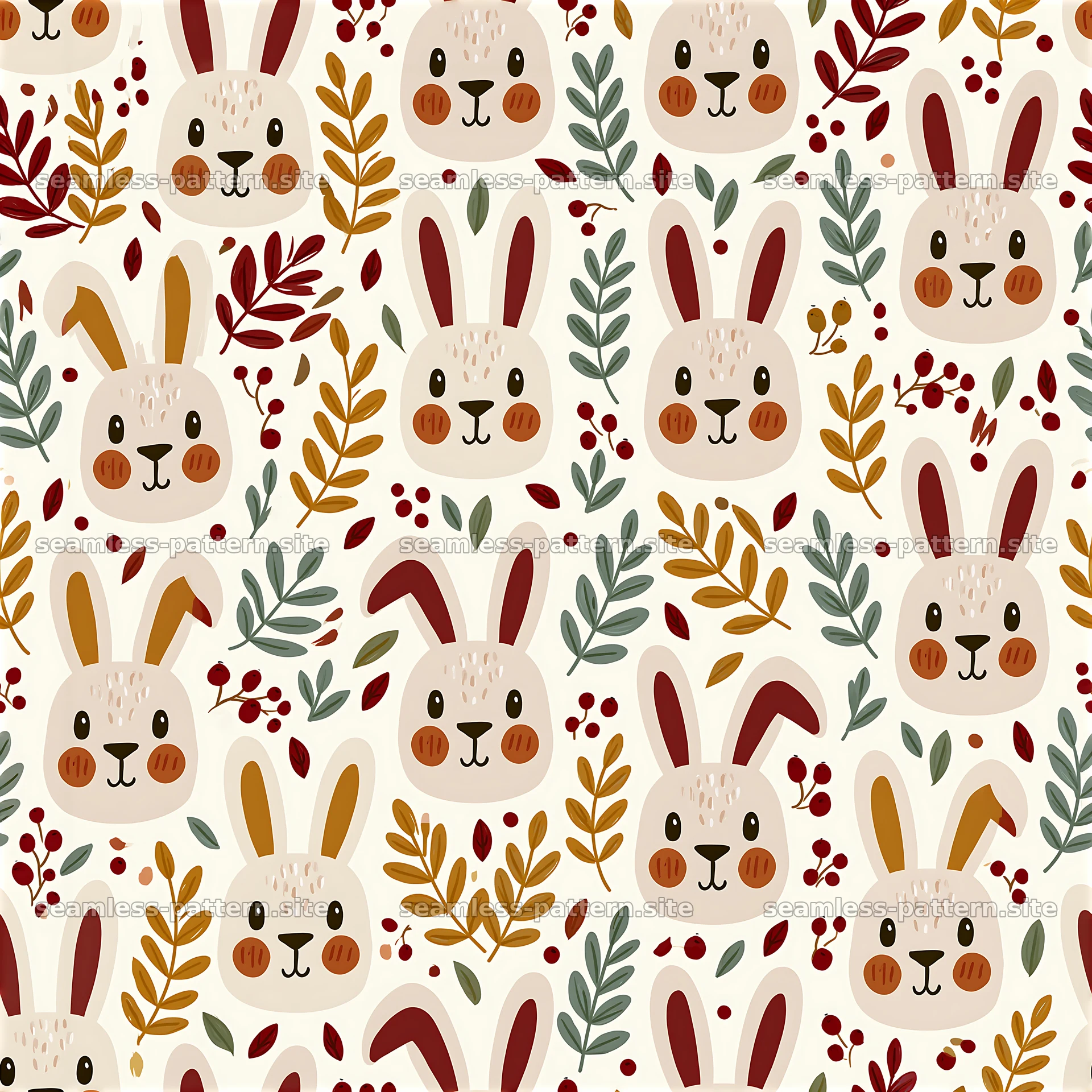 cute bunny faces seamless pattern with leaves and berries — seamless tileable pattern at 8192x8192