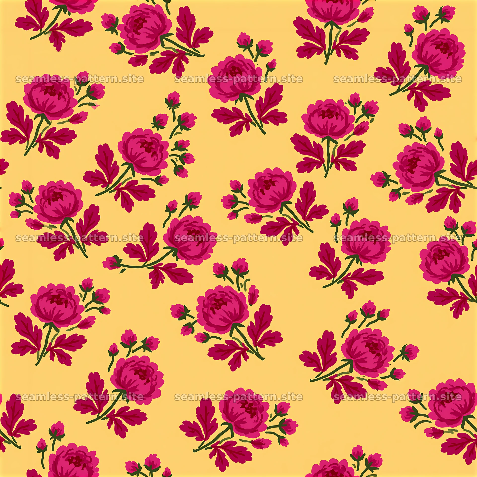 Peony repeat pattern with bold flowers on a bright yellow background — seamless tileable pattern at 8192x8192