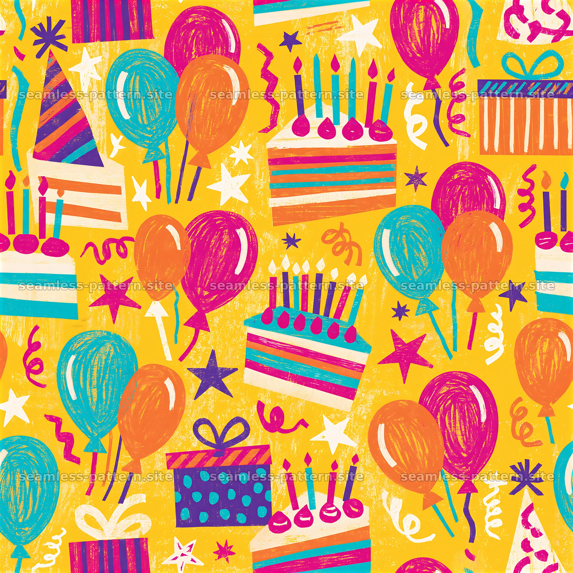 Birthday scrapbook repeat pattern with balloons and cakes — seamless tileable pattern at 8192x8192