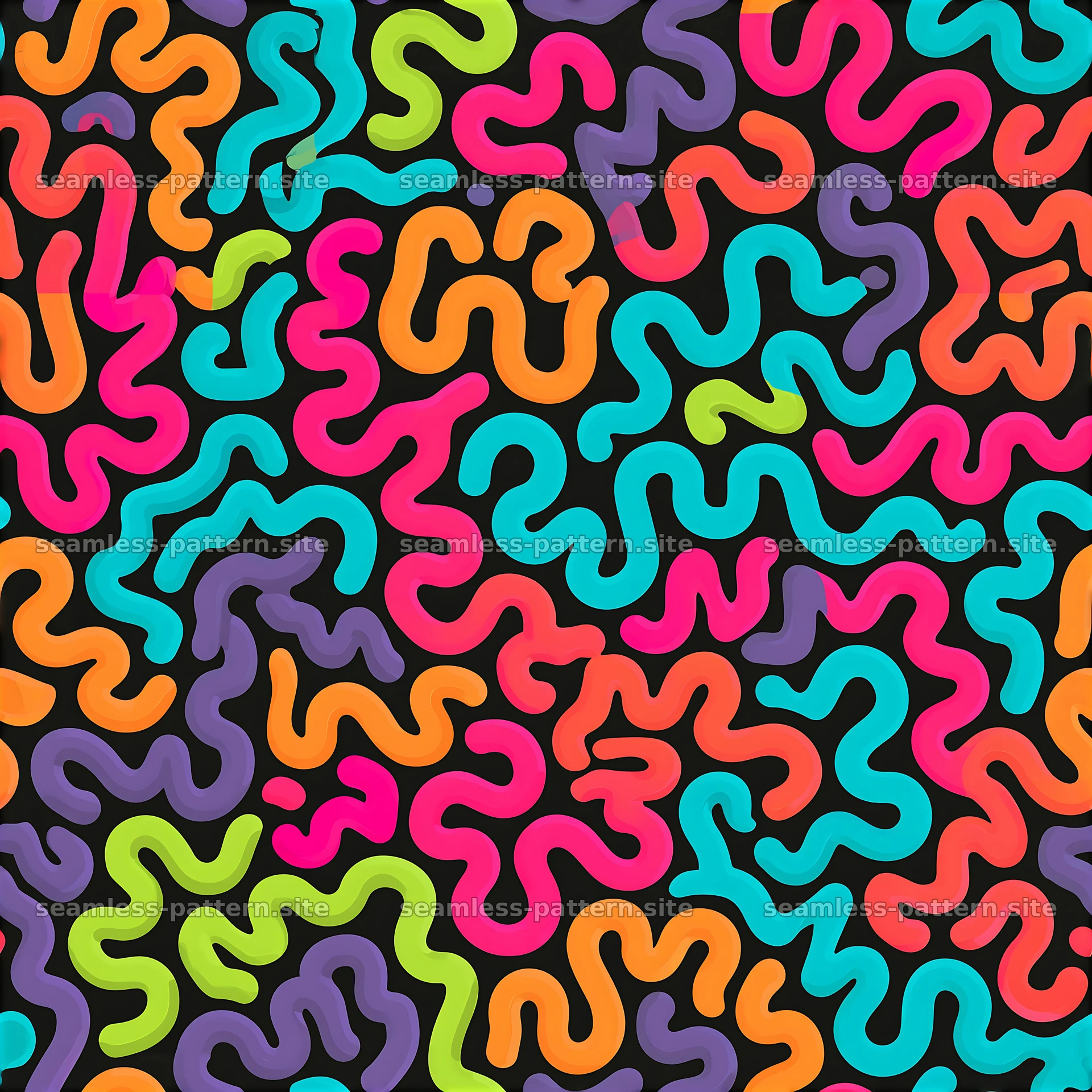 Bold Colorful Squiggles Seamless Pattern on Black — seamless tileable pattern at 8192x8192