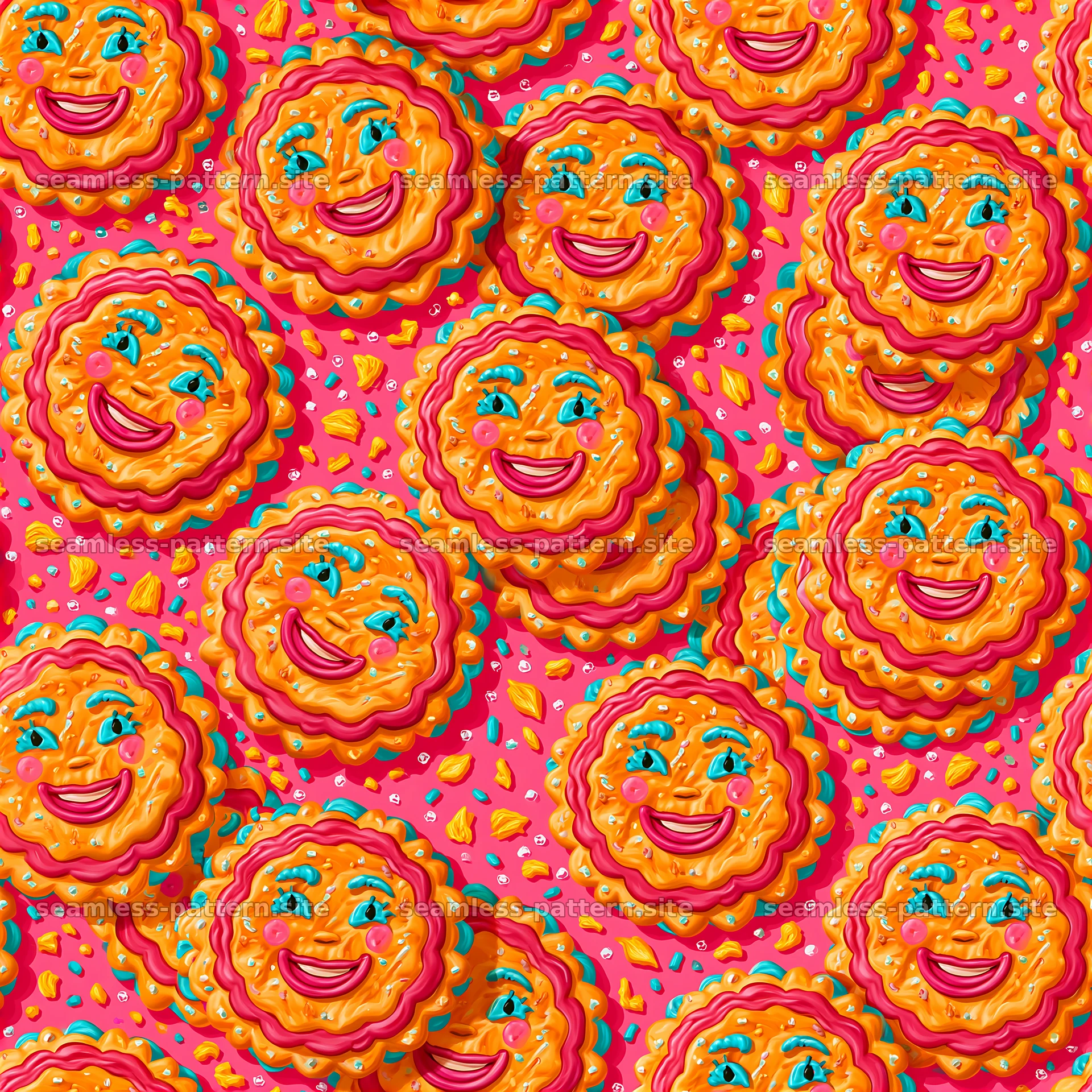 Colorful cookie seamless pattern with smiling faces — seamless tileable pattern at 8192x8192