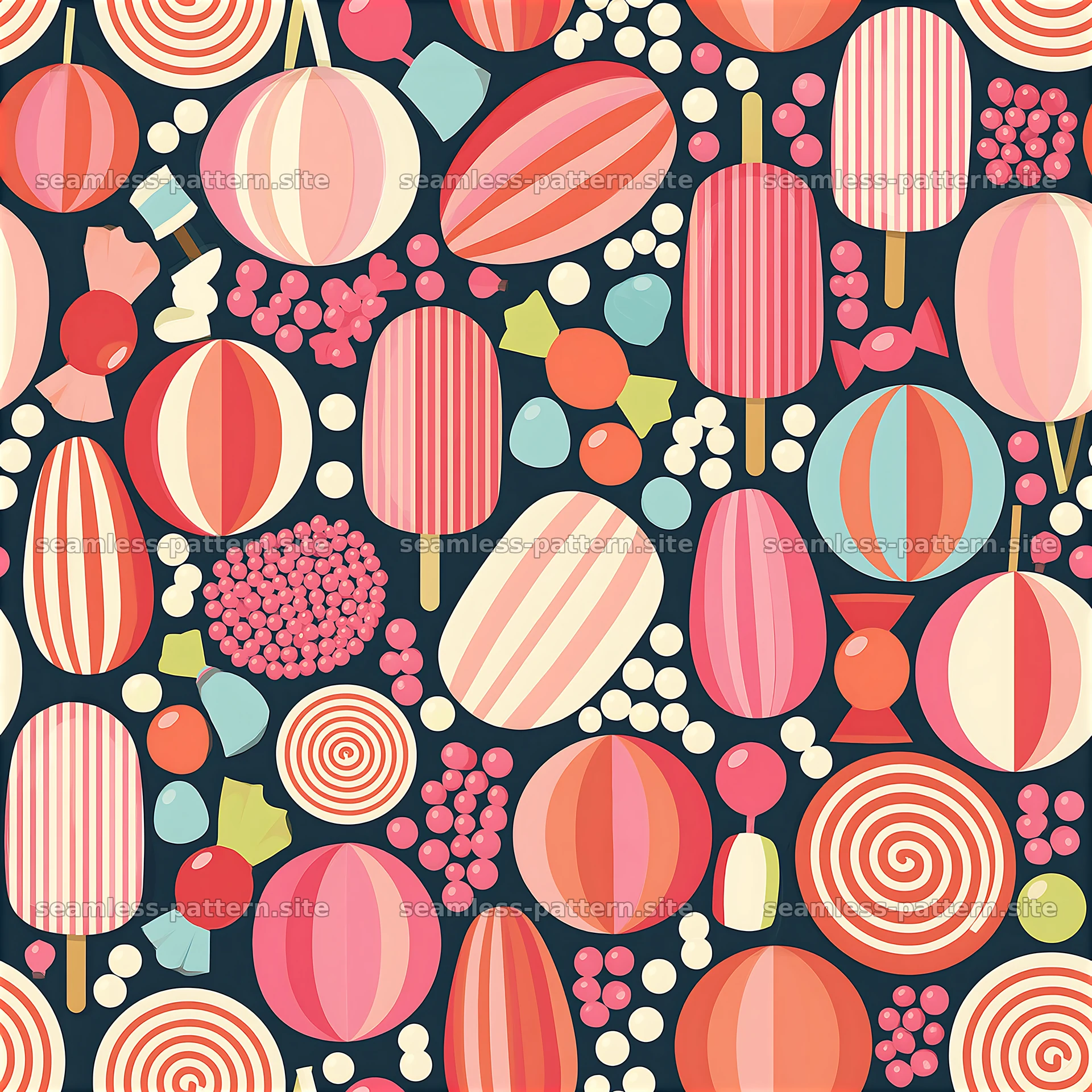 Colorful candy seamless pattern with various candy shapes and styles — seamless tileable pattern at 8192x8192