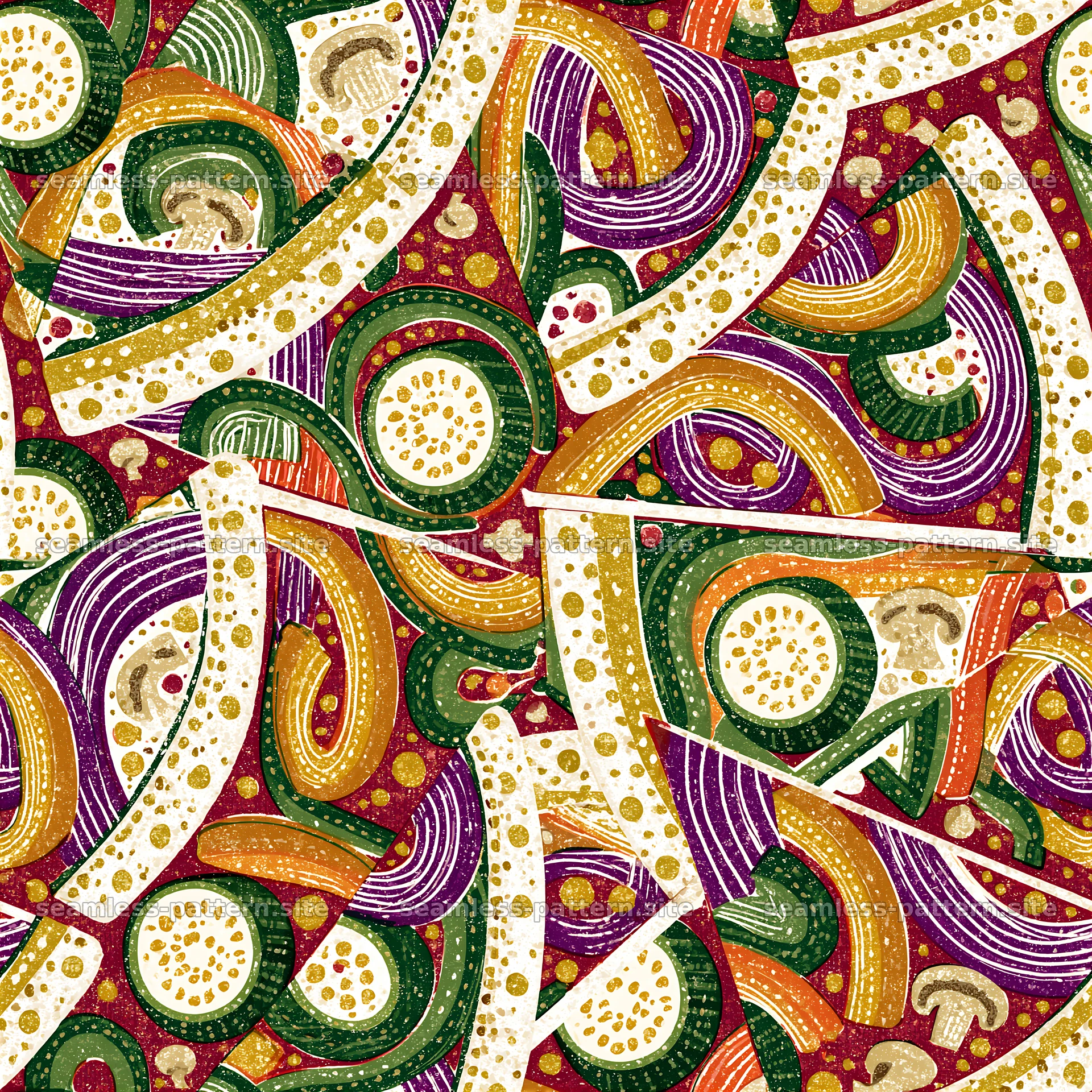 Vibrant seamless pattern featuring various vegetable shapes and colors — seamless tileable pattern at 8192x8192