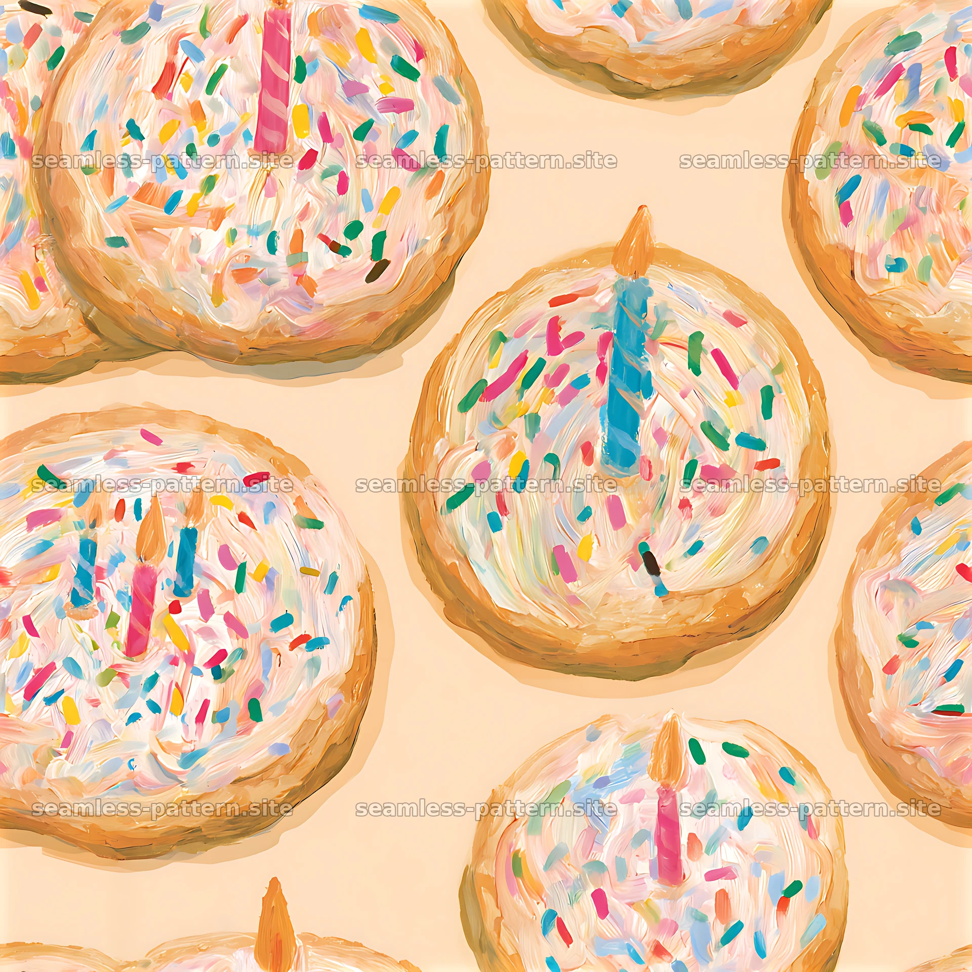Birthday cookies seamless pattern with candles and sprinkles — seamless tileable pattern at 8192x8192