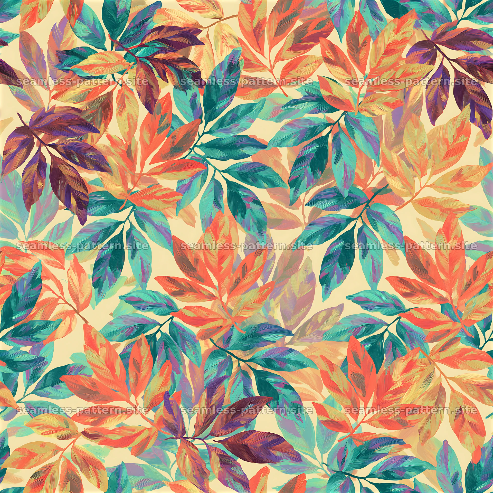 Colorful leaves create a vibrant seamless pattern for design use — seamless tileable pattern at 8192x8192