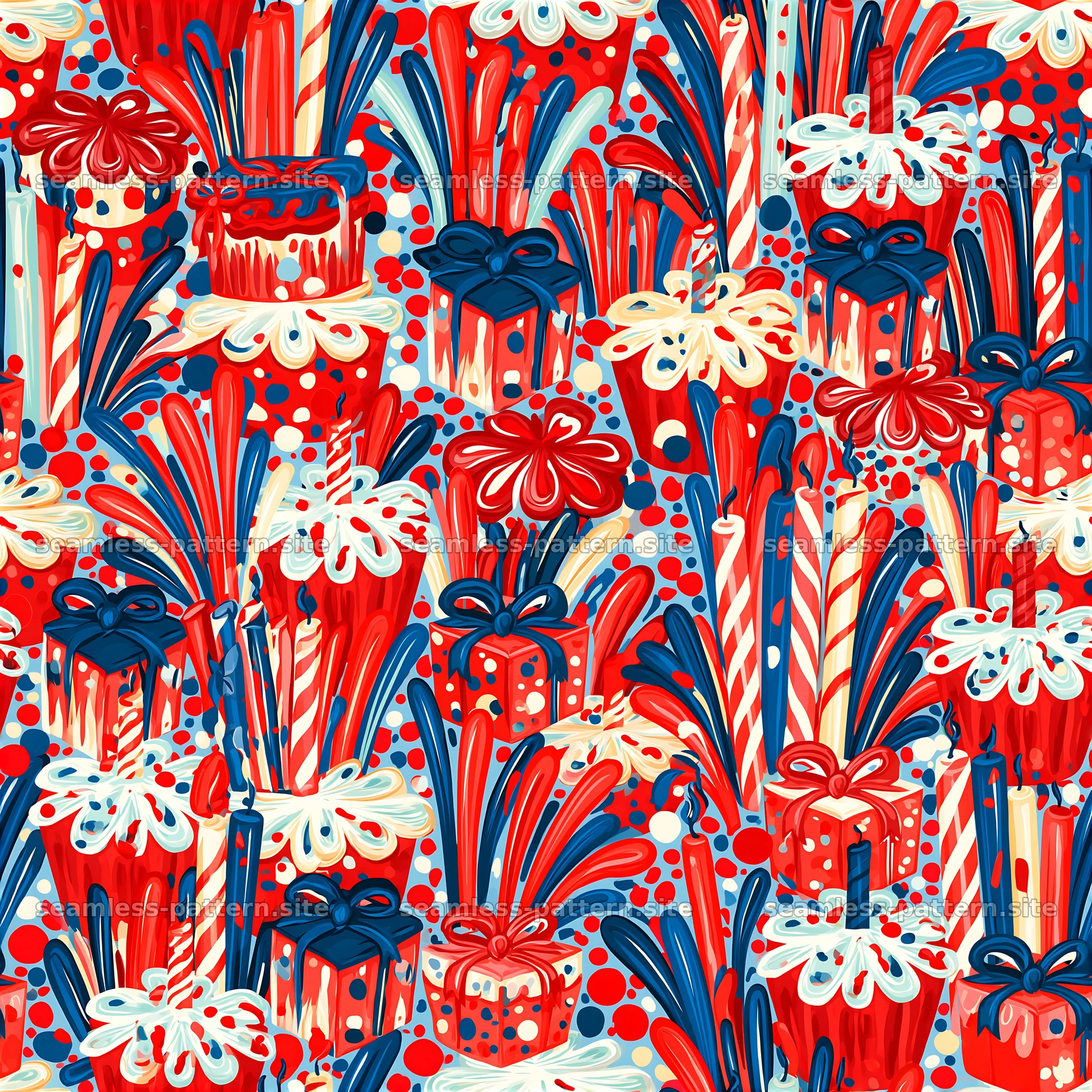 Colorful gift pattern with bows and flowers in a joyful arrangement — seamless tileable pattern at 8192x8192