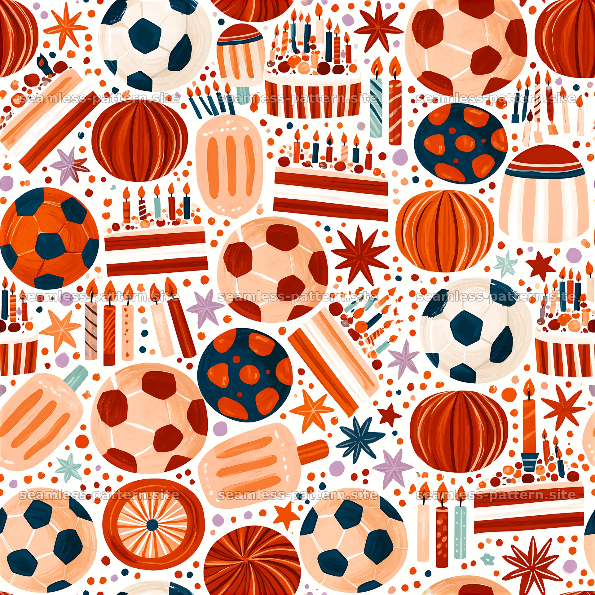Birthday Soccer Balls and Candles Seamless Pattern — seamless tileable pattern at 8192x8192