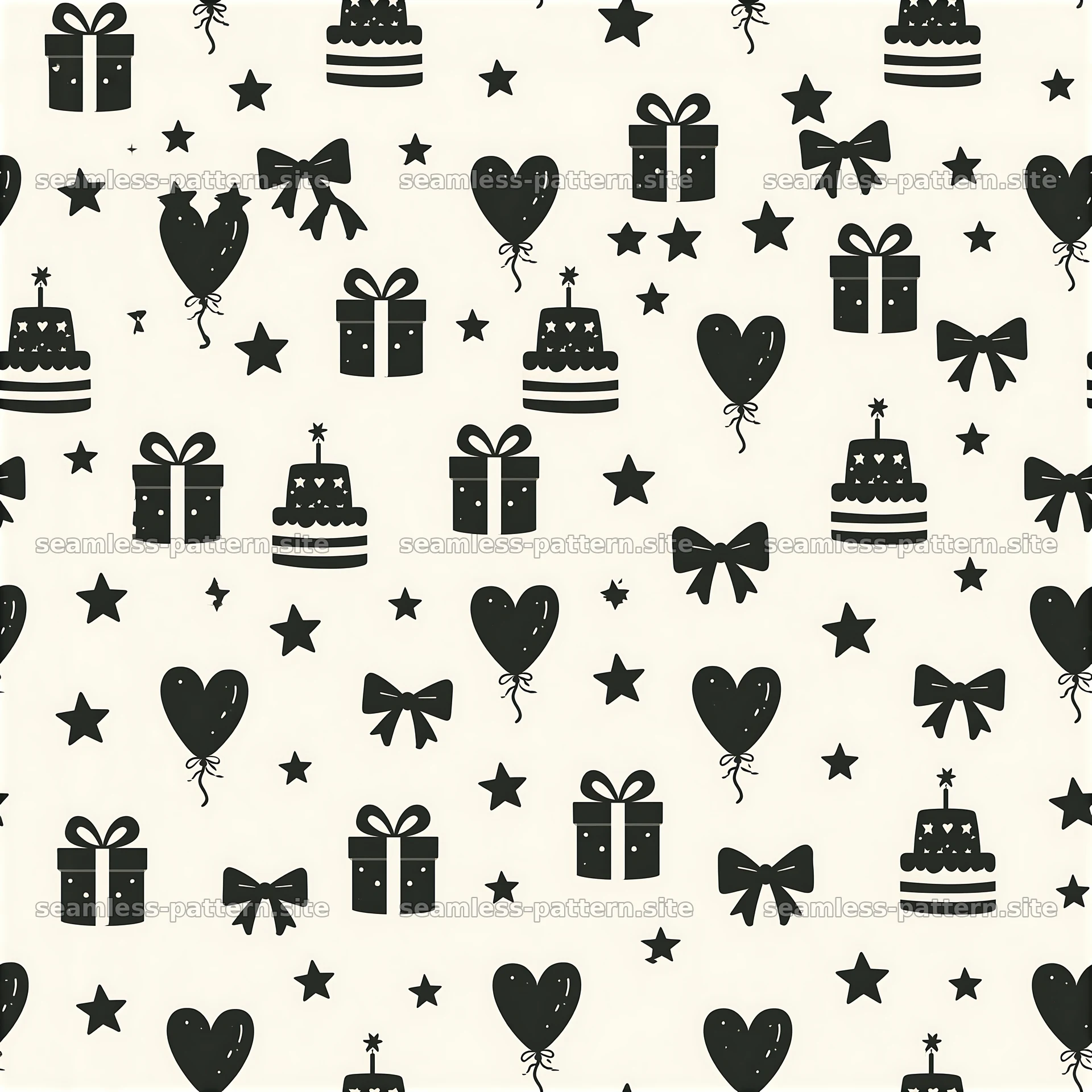 Black and white seamless pattern with birthday motifs and shapes — seamless tileable pattern at 8192x8192