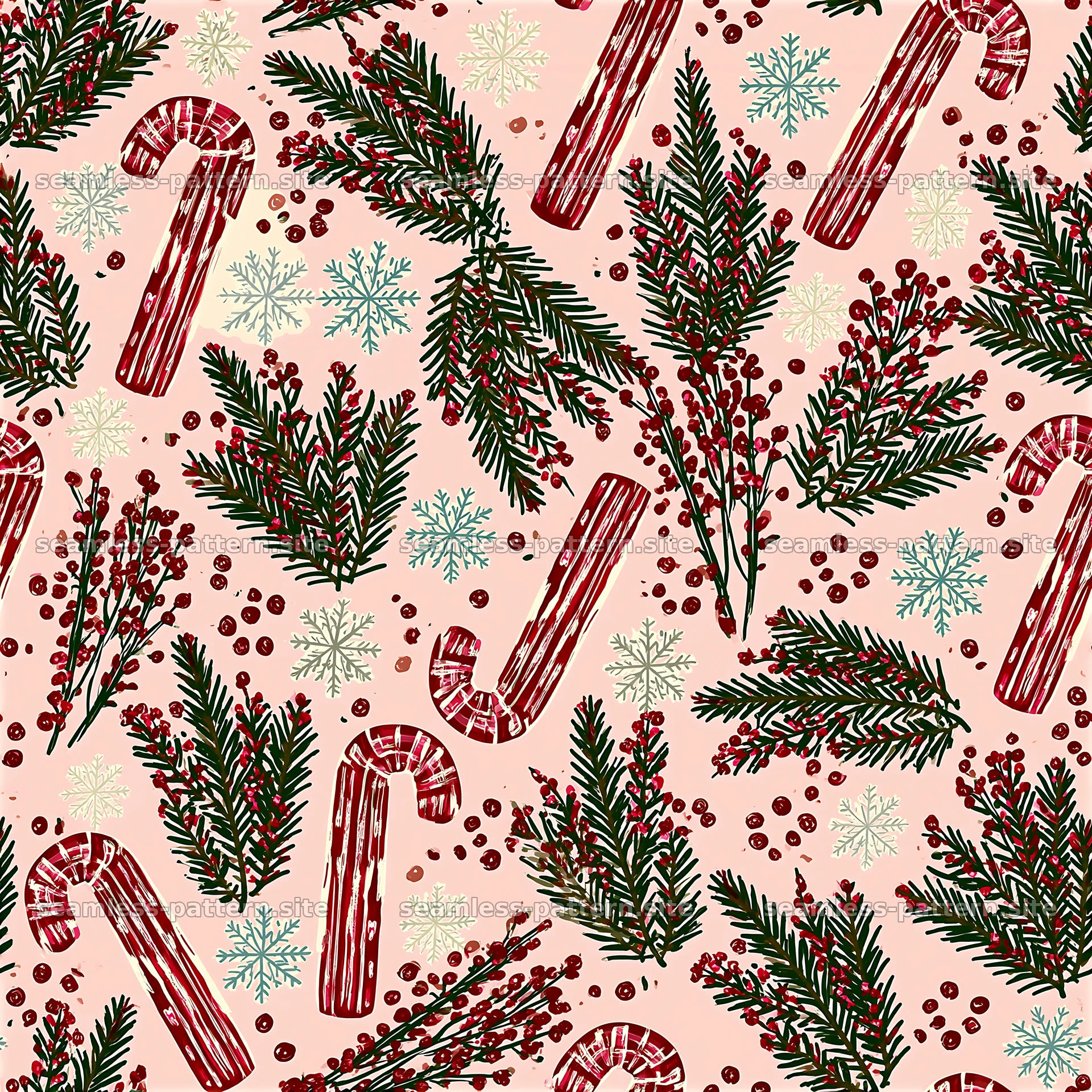 Candy canes and pine branches on light pink seamless pattern — seamless tileable pattern at 8192x8192