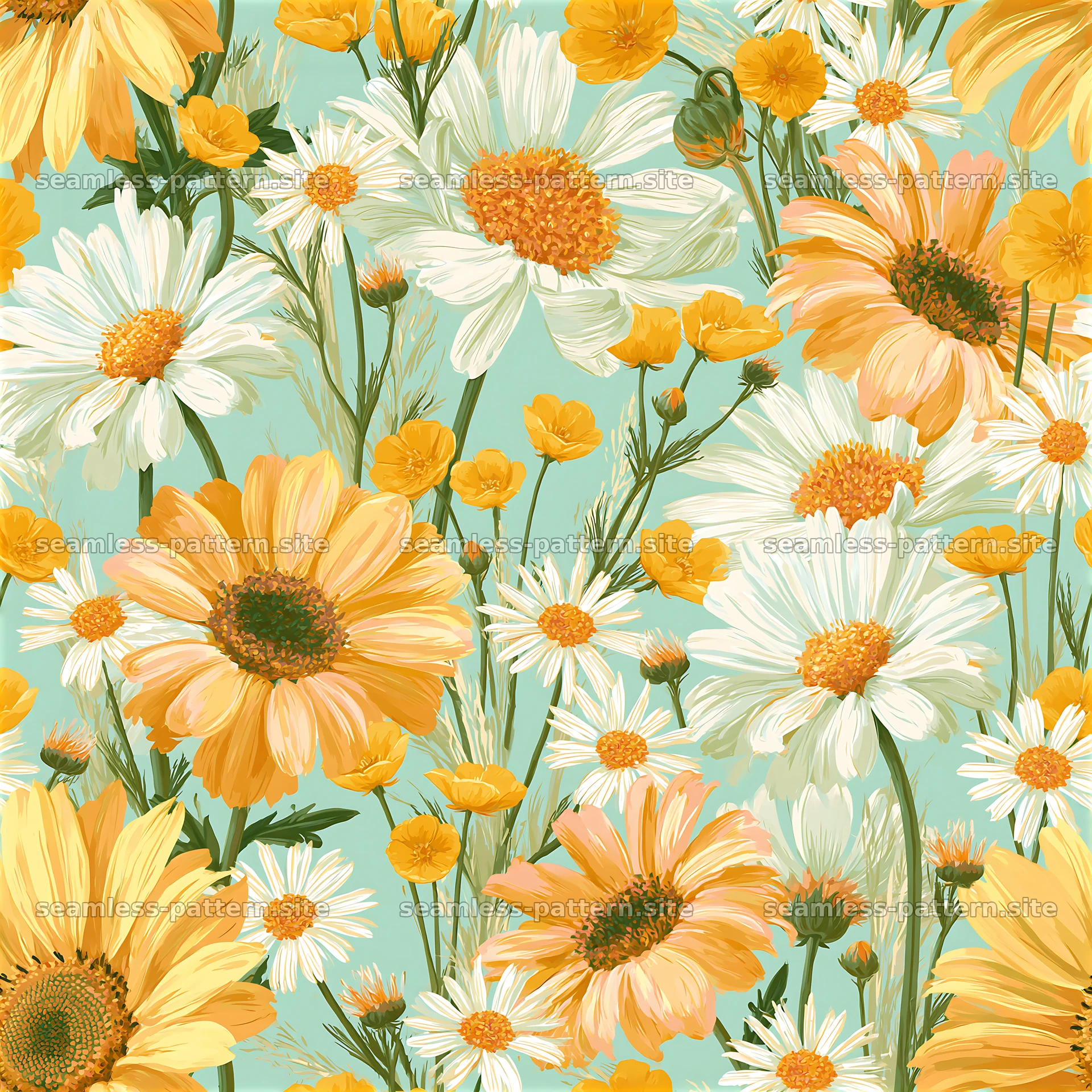 Meadow flower seamless pattern with colorful blooms on a light background — seamless tileable pattern at 8192x8192