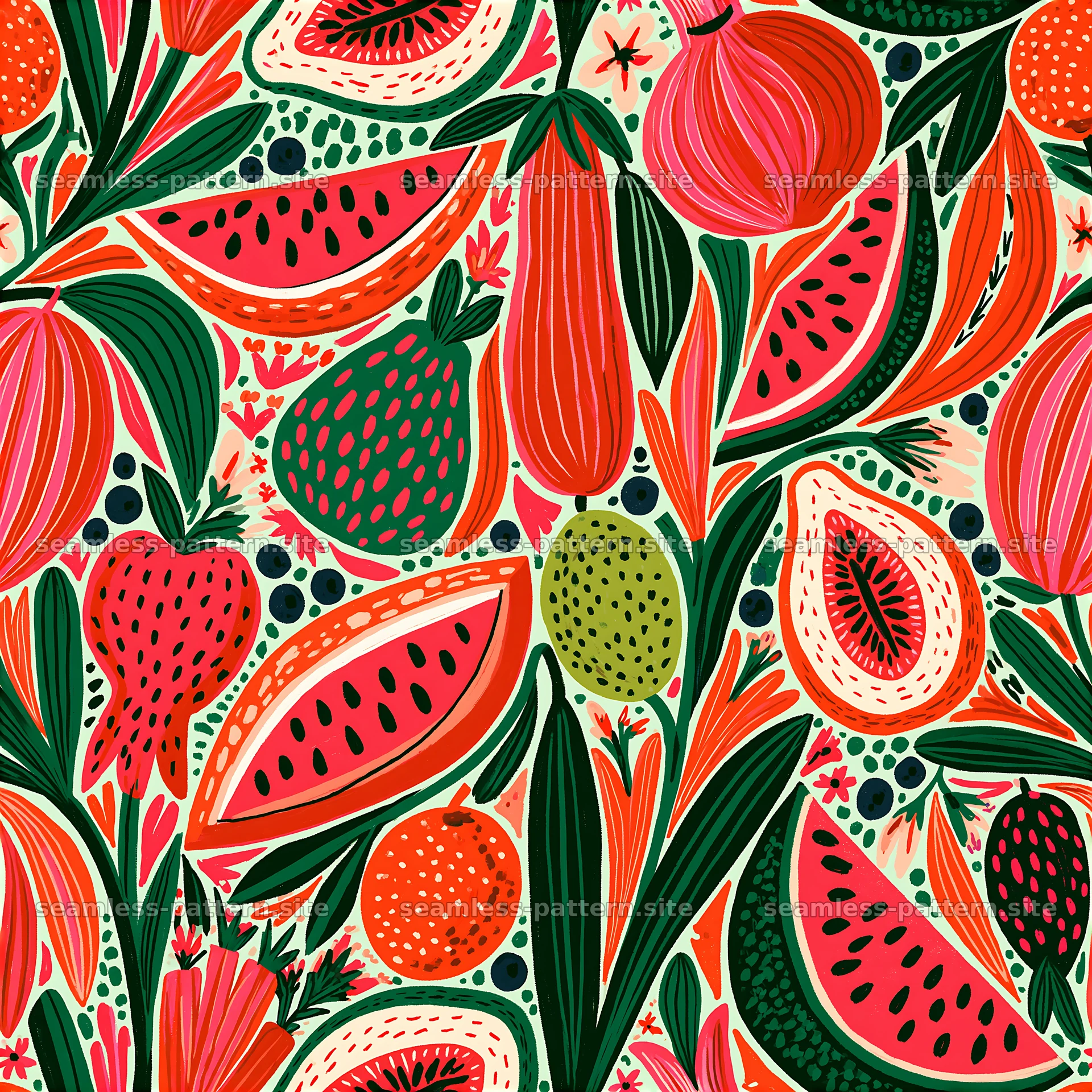 Vibrant seamless pattern of fruits and flowers for kids' designs — seamless tileable pattern at 8192x8192