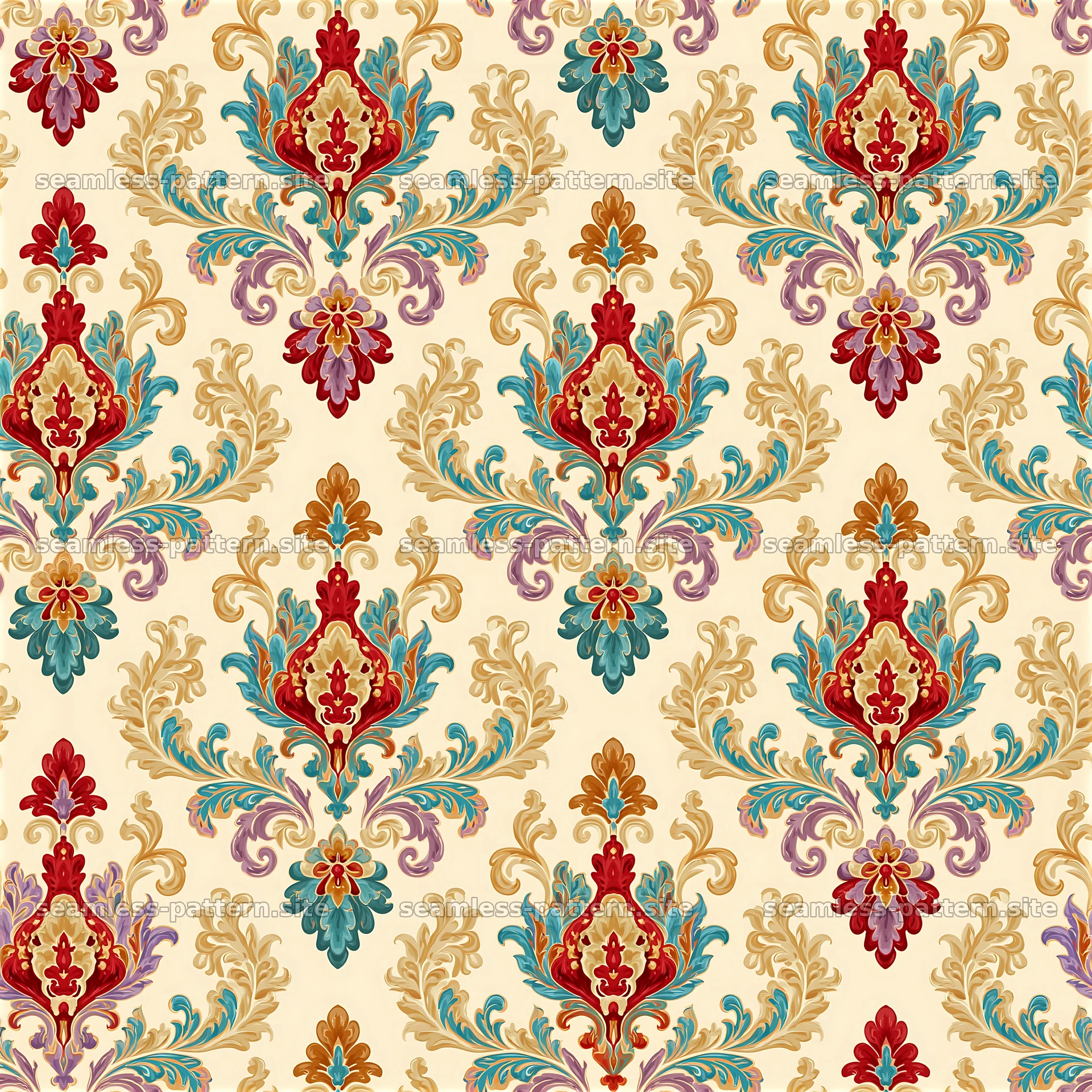 Colorful damask pattern with floral motifs and ornate details — seamless tileable pattern at 8192x8192