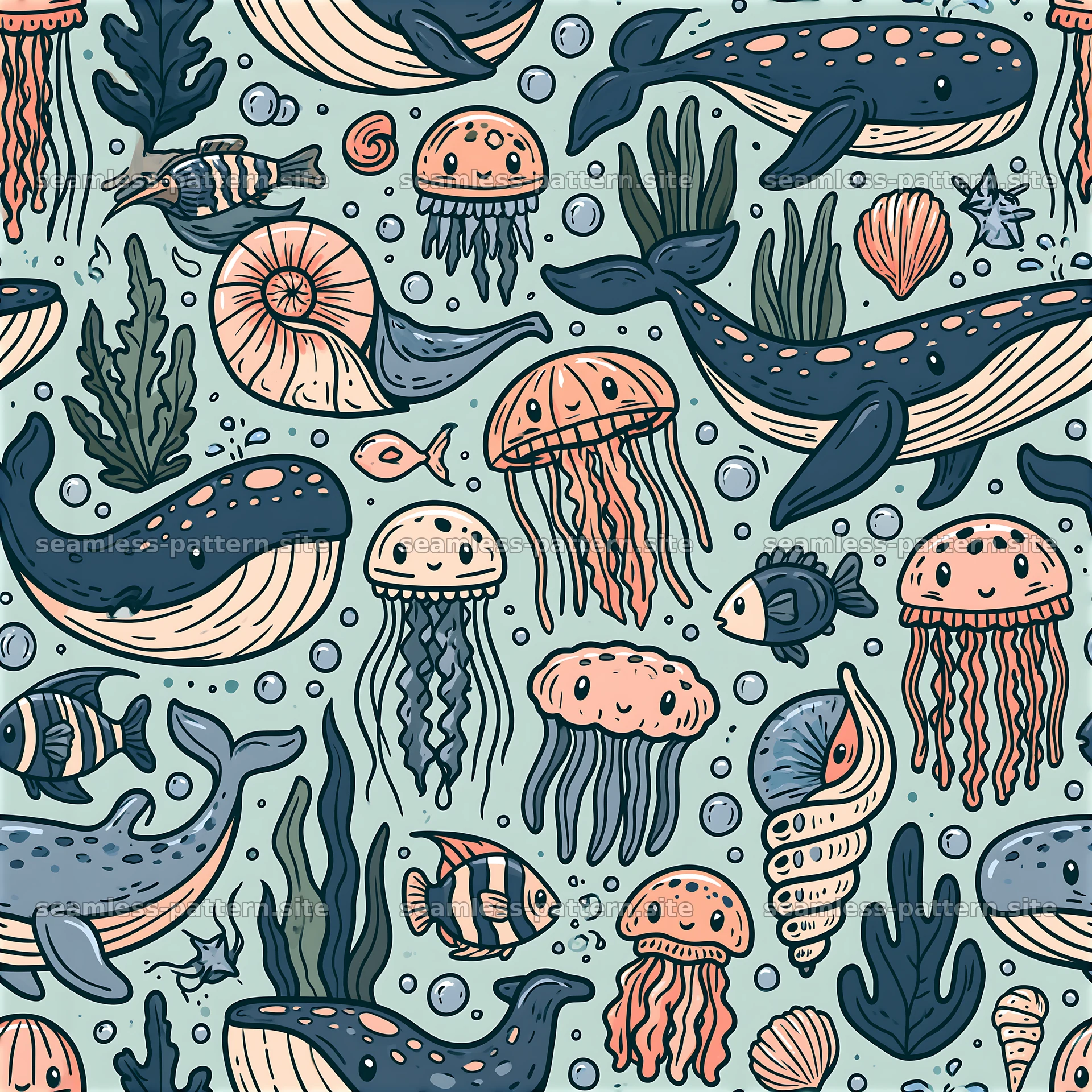 Cute playful doodle seamless pattern with sea creatures in blue and pink — seamless tileable pattern at 8192x8192