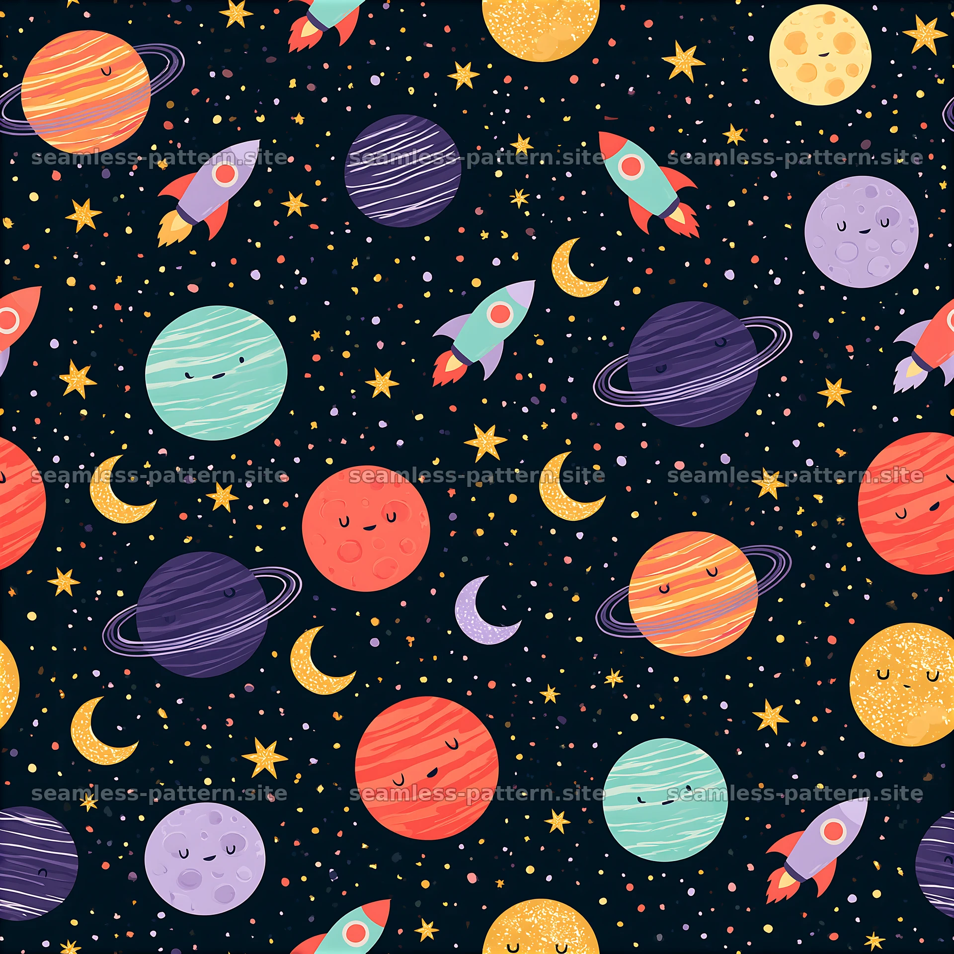 Colorful space-themed seamless pattern with planets and rockets — seamless tileable pattern at 8192x8192