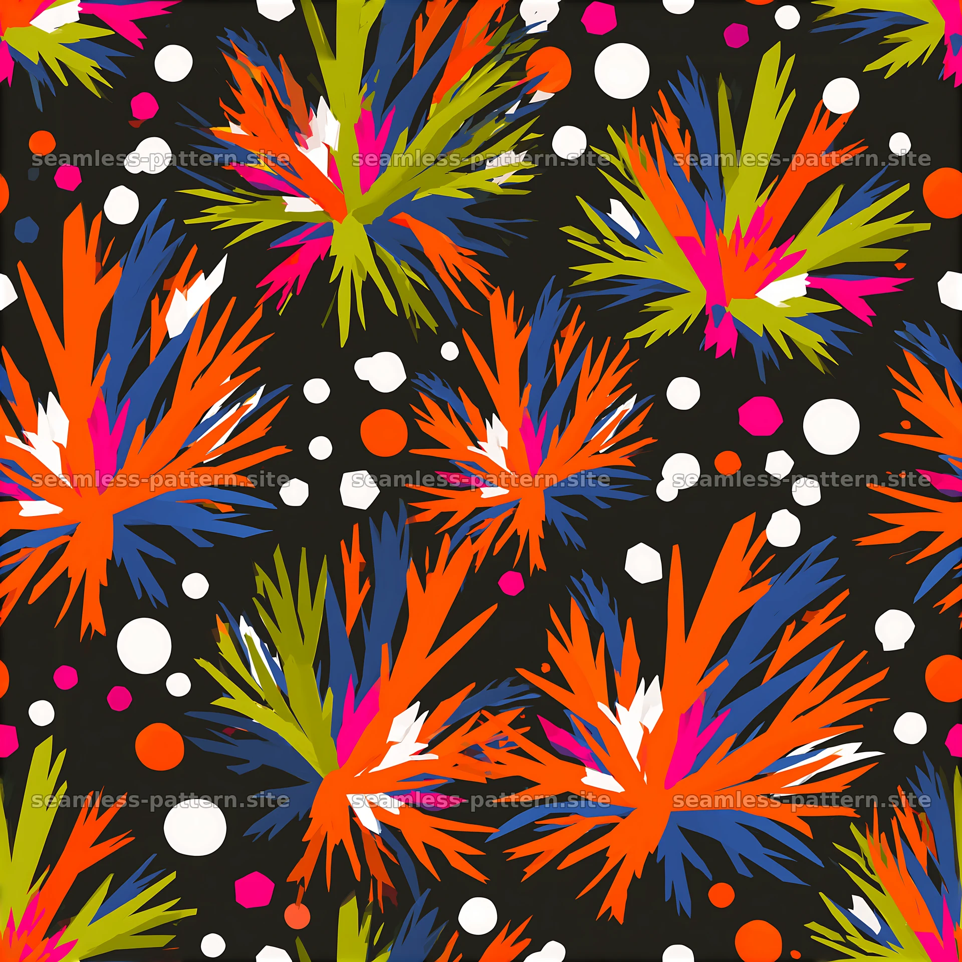 Colorful coral seamless pattern on black — seamless tileable pattern at 8192x8192