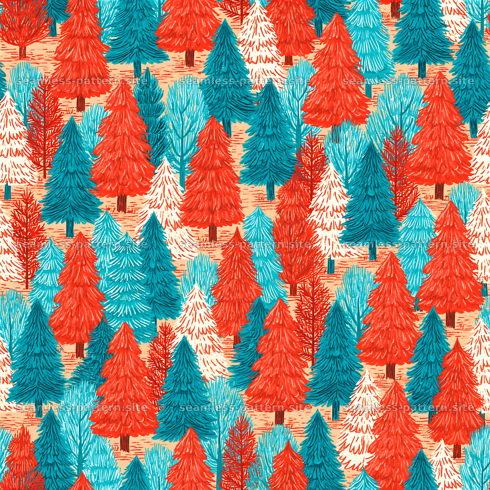 Colorful seamless pattern of stylized trees in red and blue — seamless tileable pattern at 8192x8192