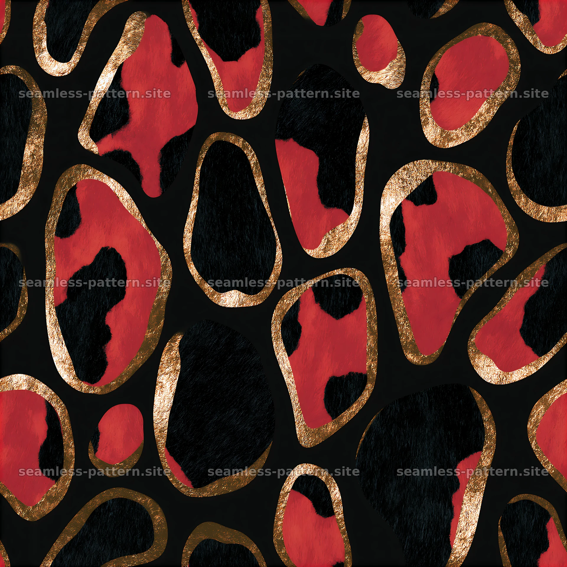 Animal skin pattern with red, black, and gold colors — seamless tileable pattern at 8192x8192