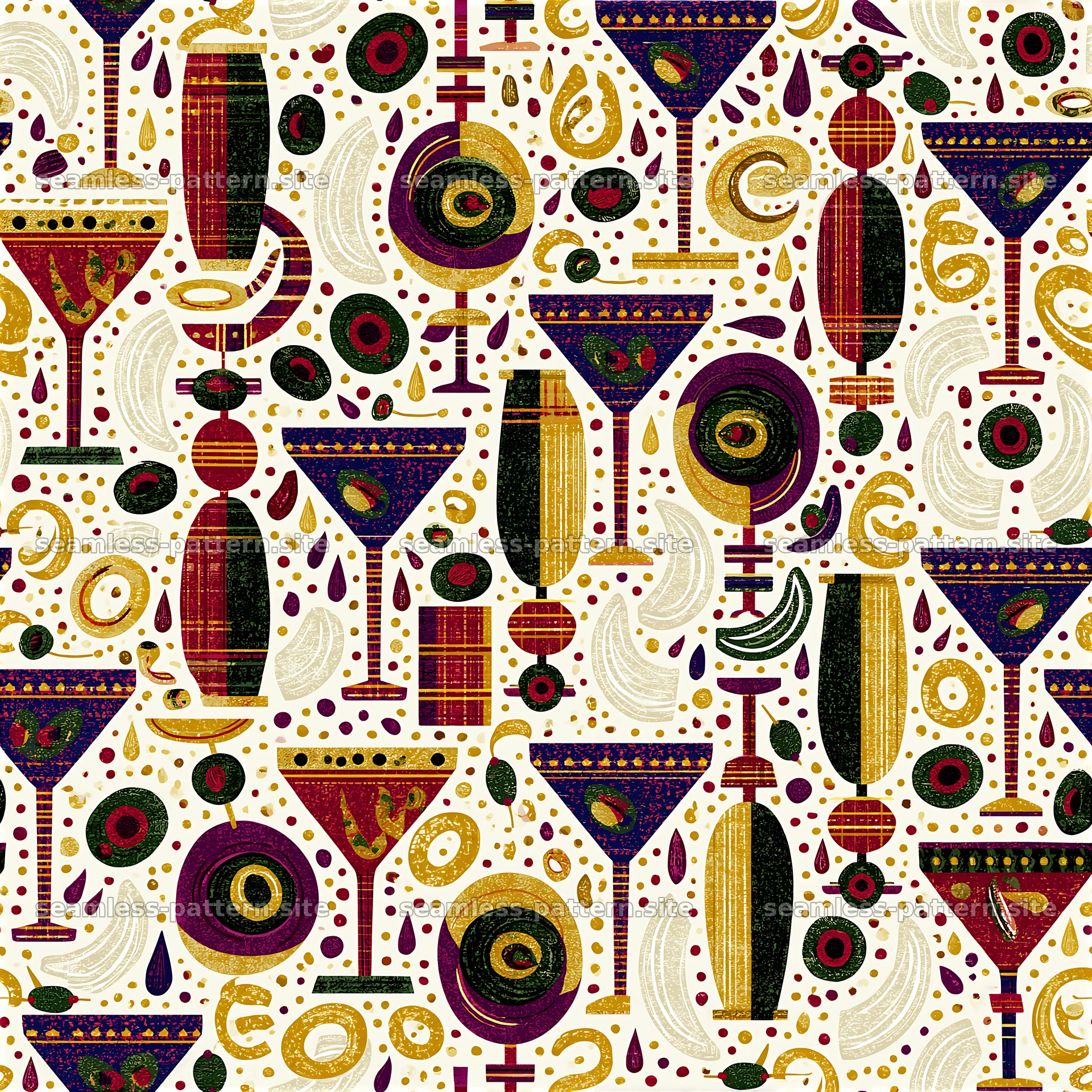 Funky Cocktail Glasses and Garnishes Seamless Pattern — seamless tileable pattern at 8192x8192
