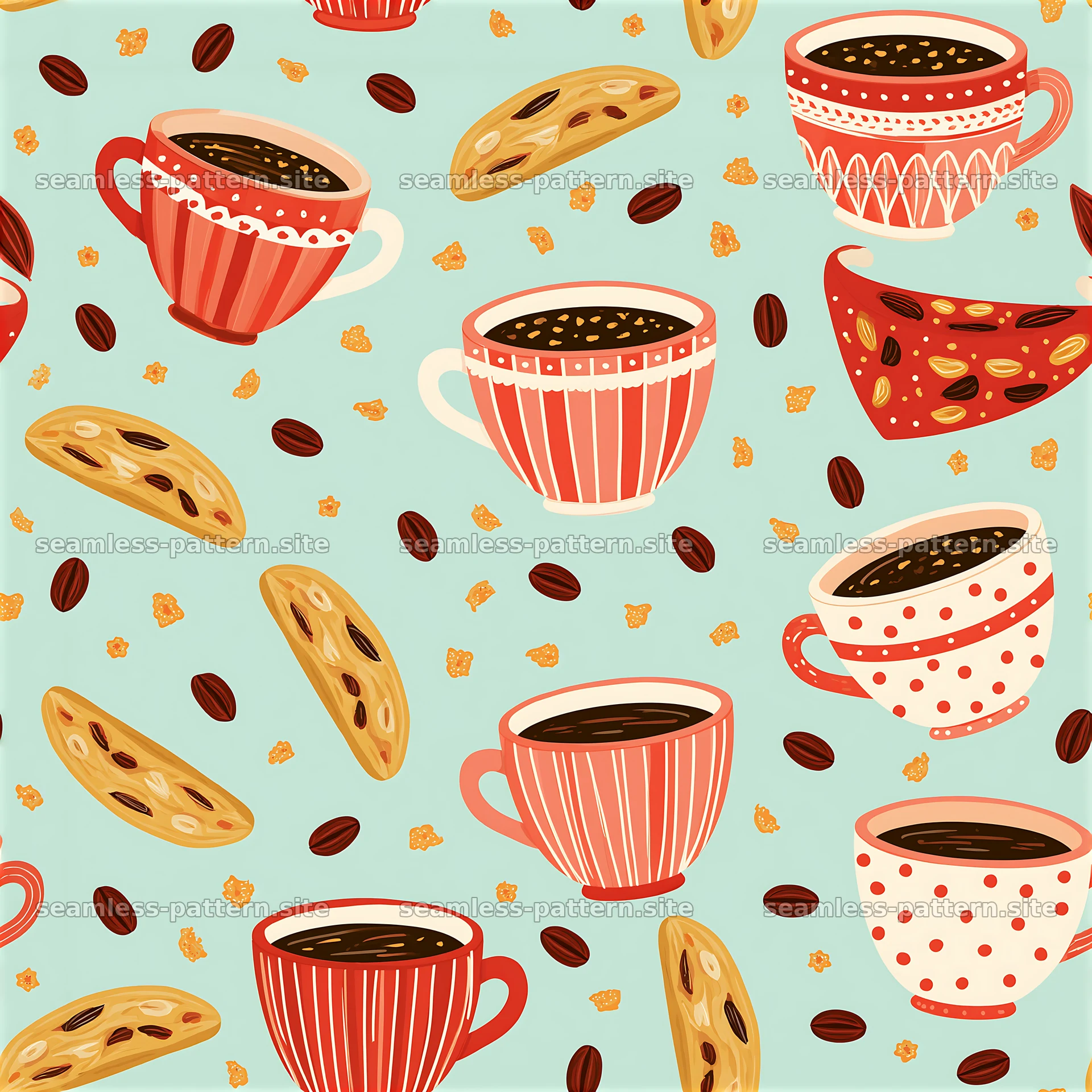 Coffee Cups and Biscotti Seamless Pattern — seamless tileable pattern at 8192x8192